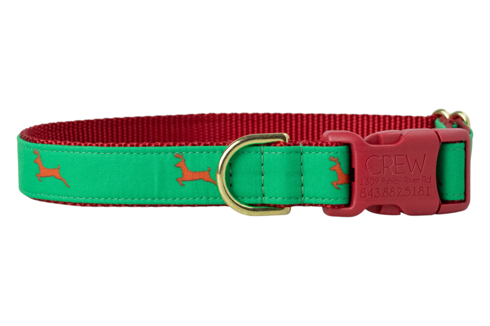 A festive dog collar with a green fabric overlay printed with reindeer silhouettes. The collar is backed with woven webbing and features luxe hardware, including a plastic buckle engraved with “Crewlala.”