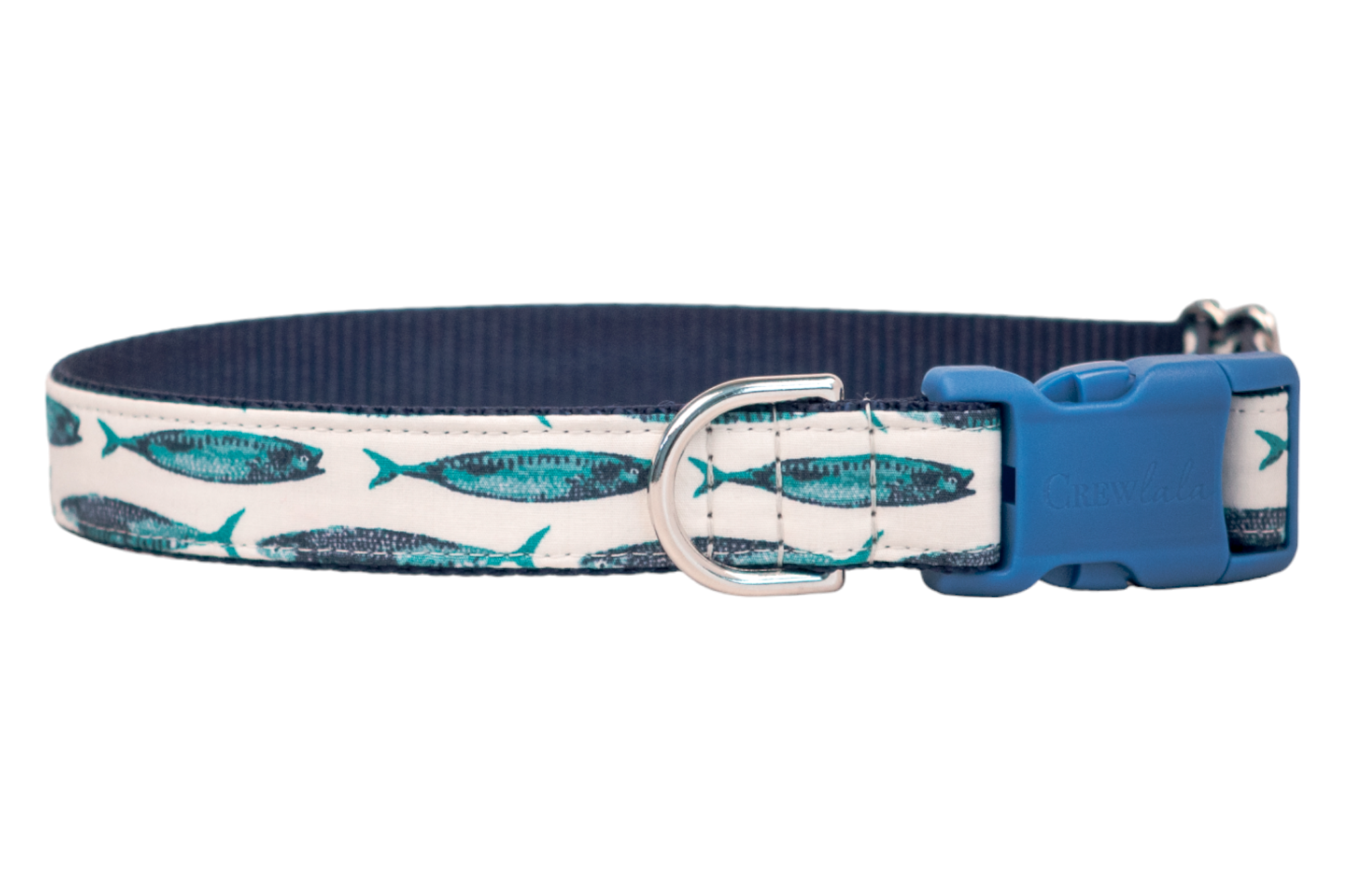 Dog collar with a nautical theme, featuring turquoise and navy mackerel fish prints on an off-white background, complemented by a deep teal interior and a plastic blue buckle.