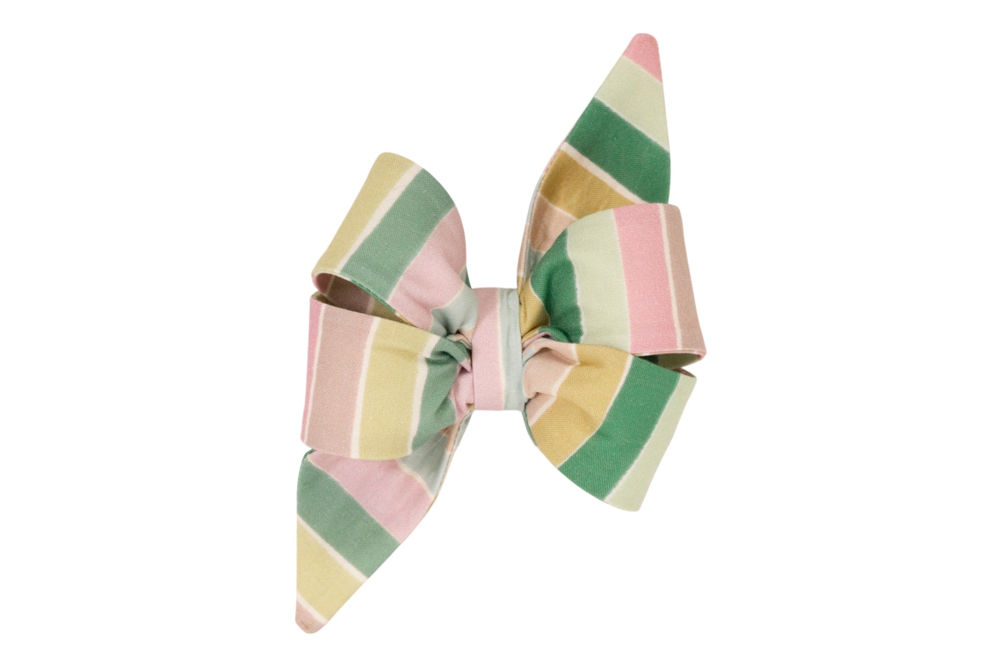 A decorative belle bow for dogs with long pointed tails, made of fabric featuring wide pastel stripes in pink, green, yellow, and tan.