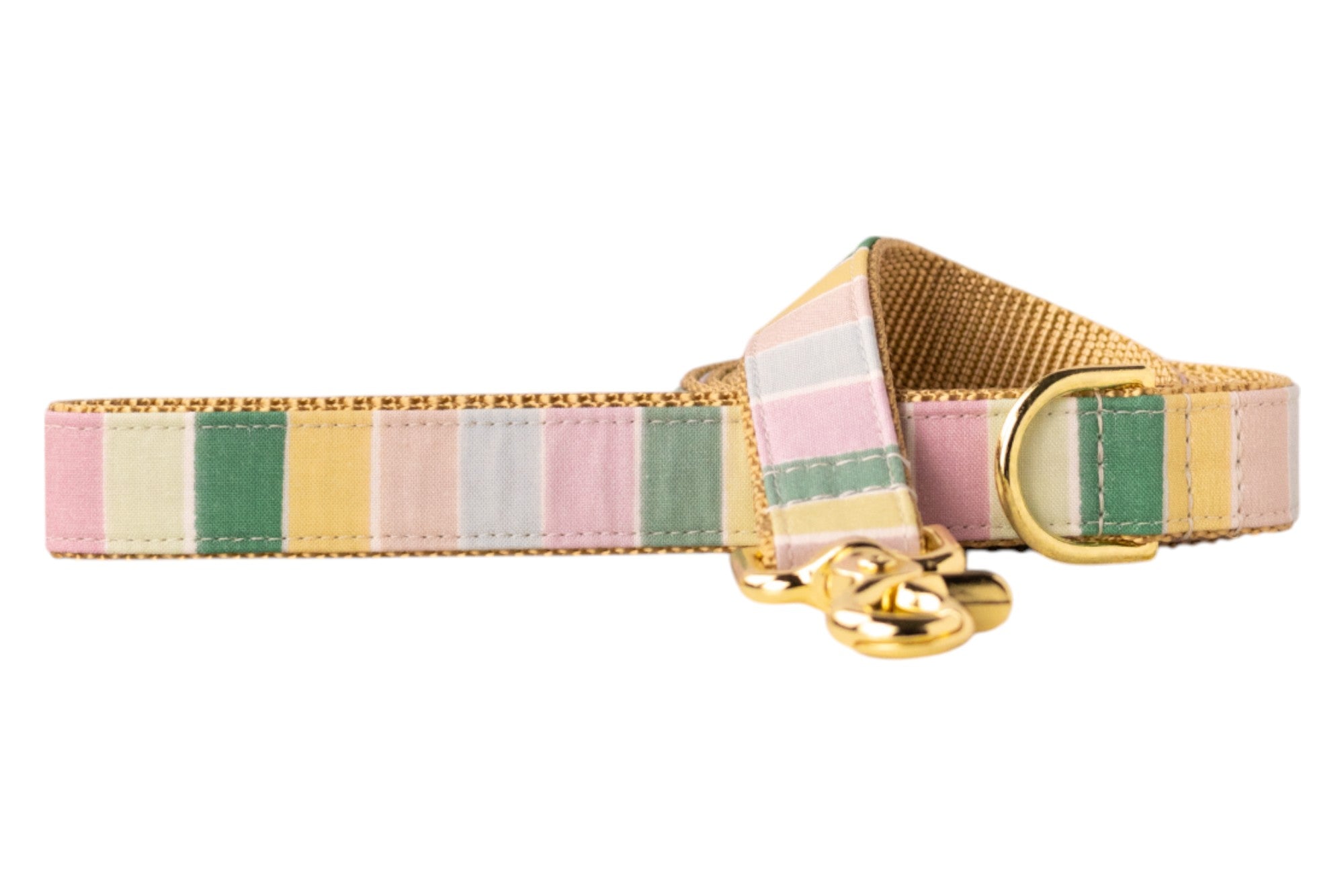 Striped fabric dog leash in soft summer tones—pink, green, yellow, and blue—finished with beige backing and shiny gold metal hardware.
