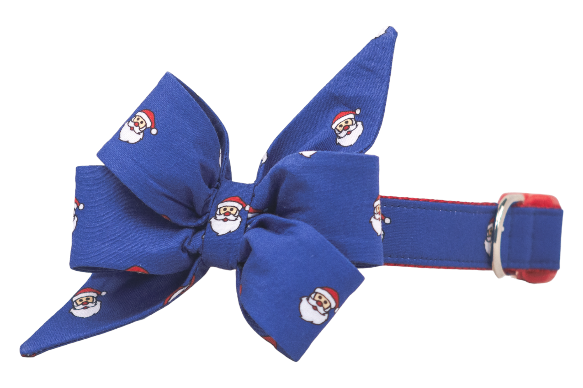 This festive dog collar showcases a large double-loop belle bow in blue with Santa faces, attached to a matching collar with polished hardware—holiday glam for stylish pups.