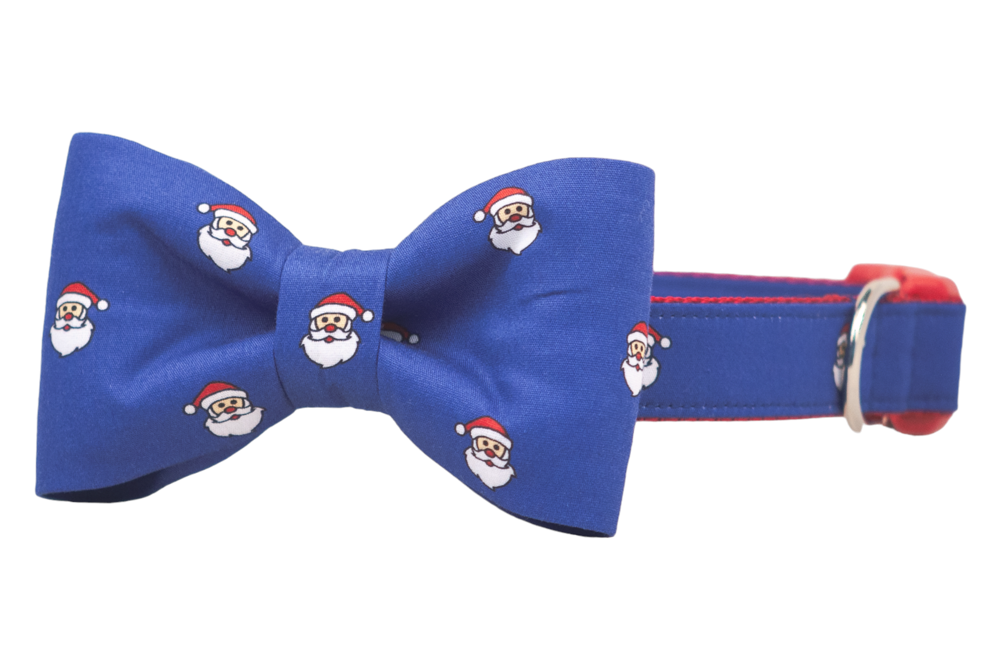 Get your pup holiday-party ready with this blue Santa-themed collar and matching bow tie, finished with bright nylon webbing lining and a metal leash ring—because good boys and girls deserve great style.