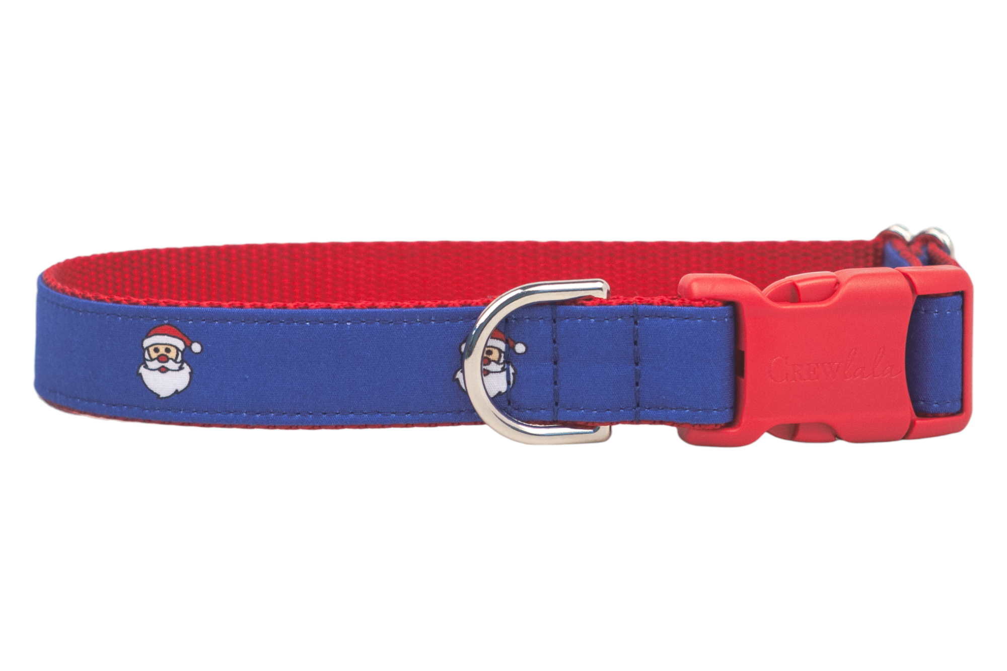 This festive dog collar pops with blue fabric covered in jolly Santa Claus faces, a bright woven lining, and sturdy buckle—made for stylish sleigh rides and sidewalk struts.