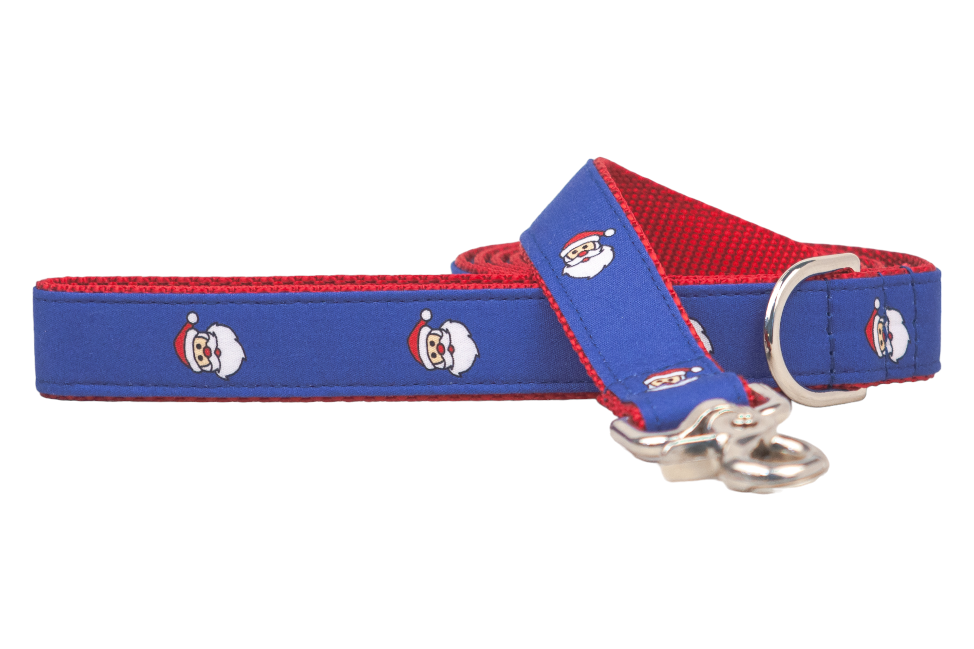 This cheerful dog leash features a royal blue exterior with jolly Santa Claus heads and a vibrant mesh lining. A shiny clasp and D-ring complete the merry look—perfect for pups on the nice list!
