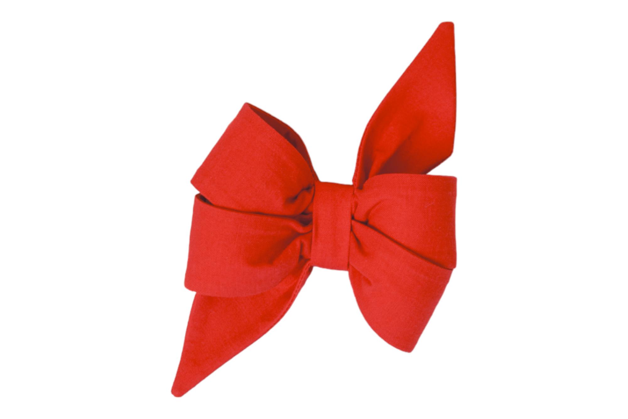A striking feminine red belle bow for dogs, crafted from solid red fabric with neatly sewn edges, styled with oversized loops and elegant angled tails for a dramatic flair.