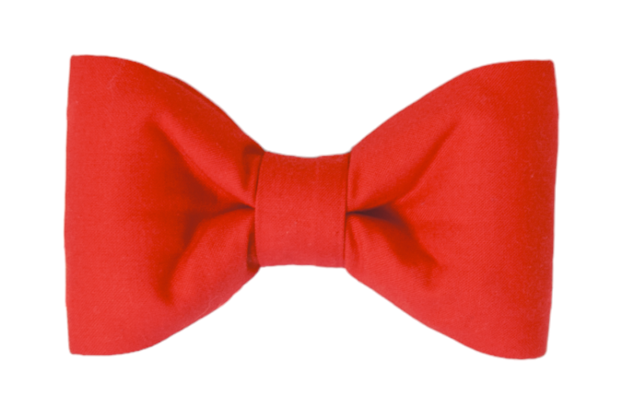 A classic red dog bow tie with a smooth, solid fabric finish, neatly tied in a symmetrical shape with rounded ends and a snug center.