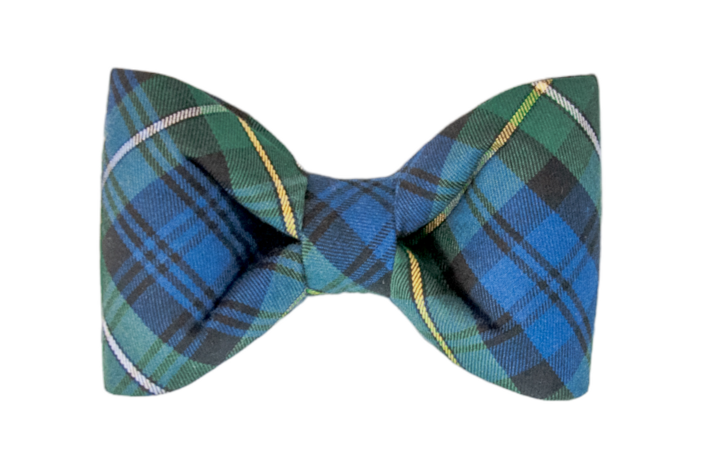 This classic plaid bow tie showcases rich green and blue checks with light colored details—perfect for pups with a dapper, preppy style.