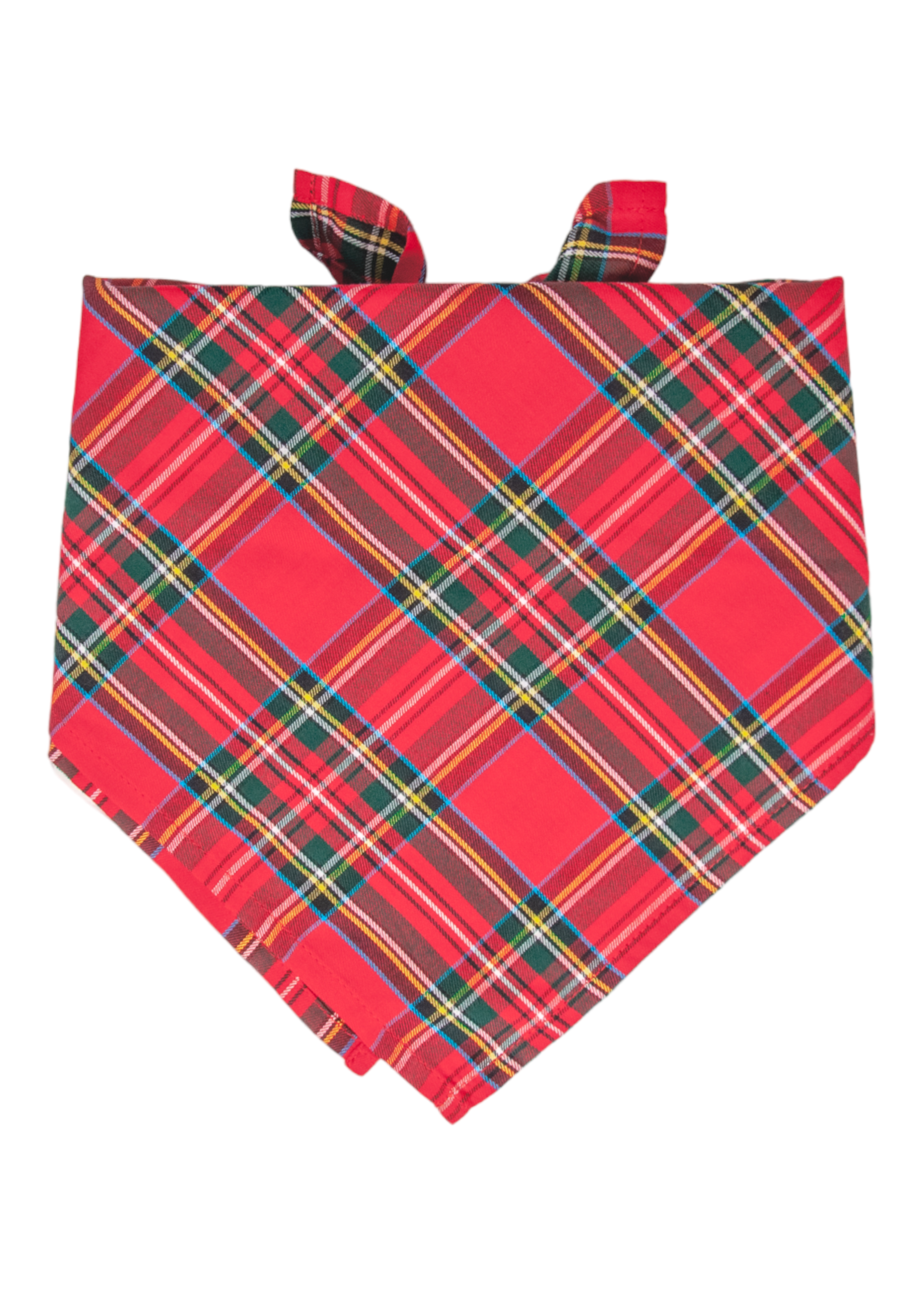 Holiday dog bandana featuring a bold red background and multicolor plaid stripes in classic hues—crafted in soft fabric with tie-on style for timeless Christmas cheer.
