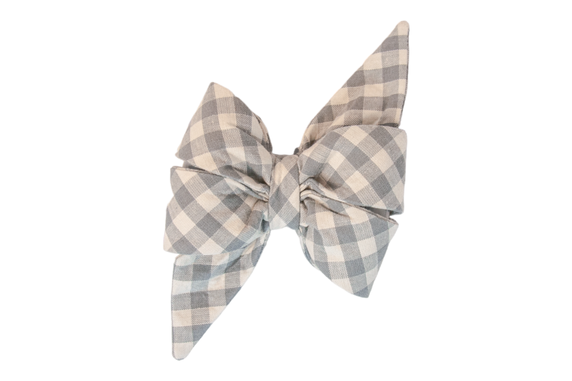 Large plaid belle bow accessory with symmetrical rounded loops in a pale gray checkered pattern. The belle bow’s central knot gathers the fabric into soft folds, giving it a slightly puffy, dimensional, and feminine look.