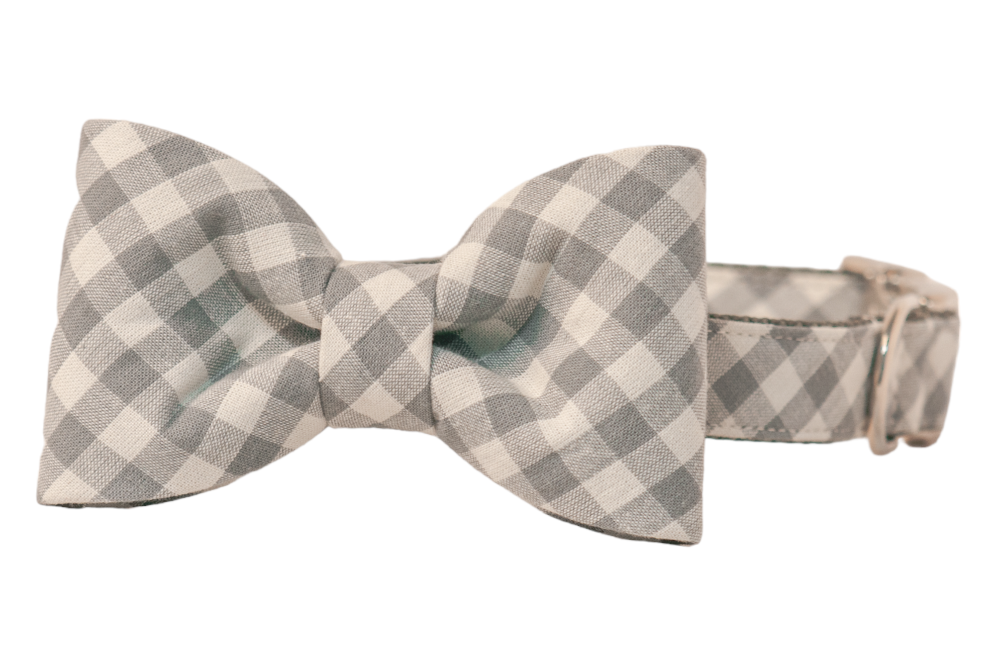 Stylish dog bow tie collar featuring a pale gray  checkered gingham print on smooth woven fabric. The bow tie is attached directly onto the matching collar, with a symmetrical two-loop design and a neatly wrapped center band. The collar itself is adjustable, with metal hardware and evenly spaced stitches for a polished finish.