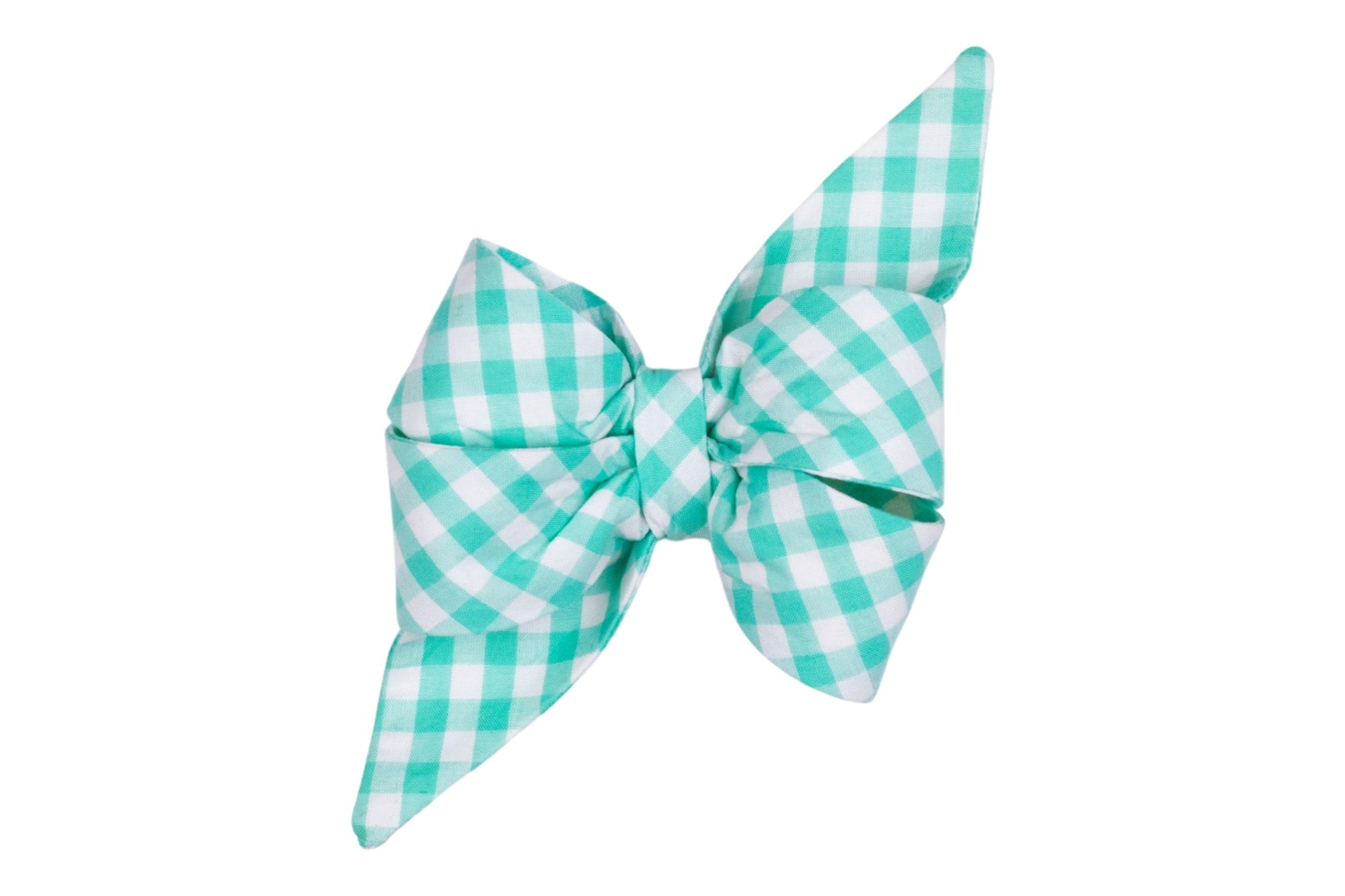 Oversized sailor-style dog bow in a seafoam green and white gingham check pattern, featuring long pointed tails and a knotted center. Displayed against a light gray background.