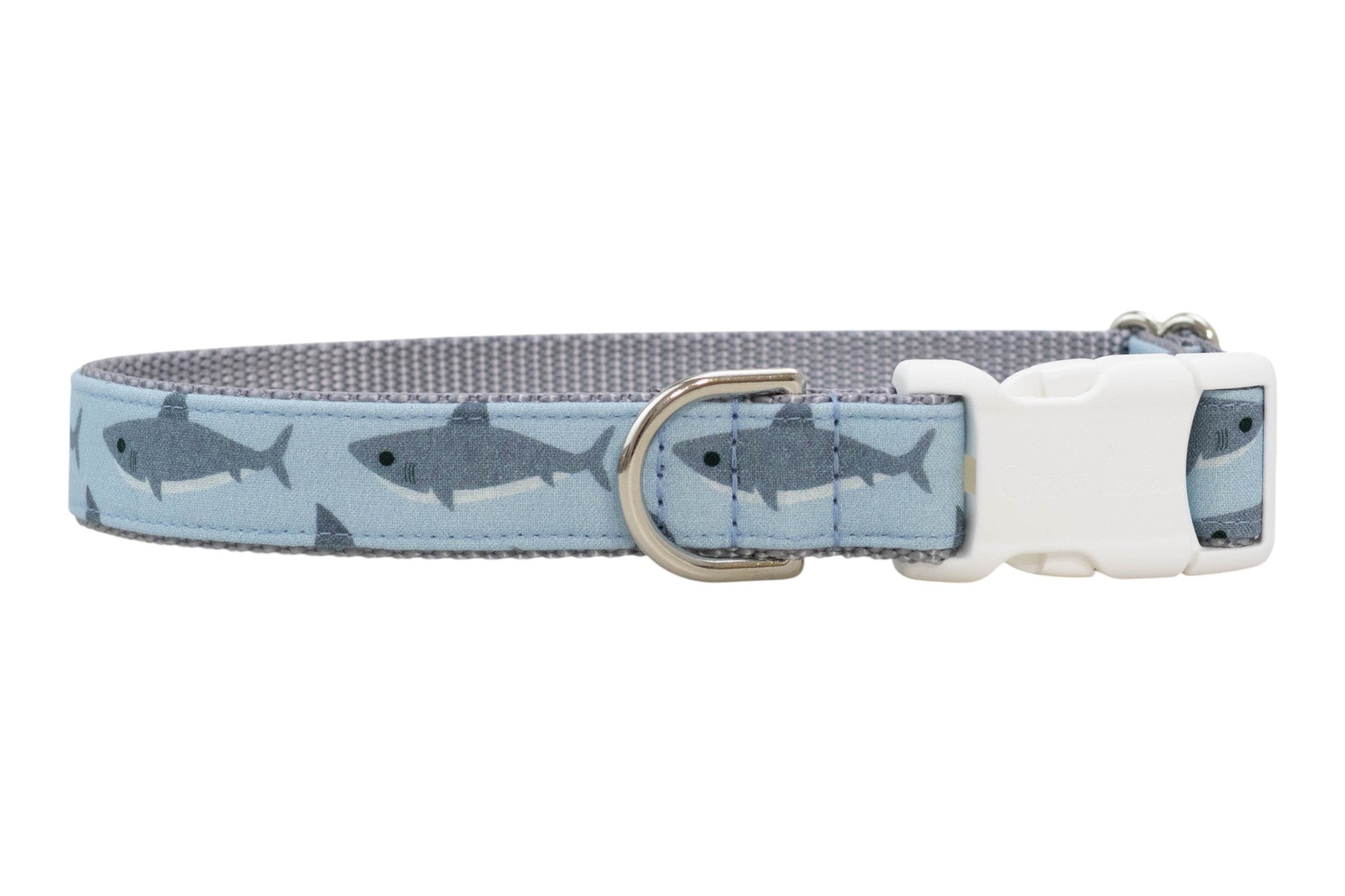 Blue shark-print dog collar featuring dark gray shark silhouettes, lined with gray webbing and finished with metal hardware and a sturdy white buckle.