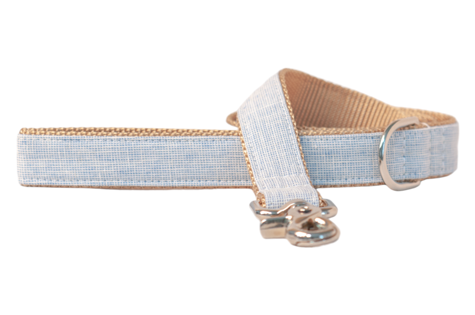 Light blue linen dog leash with a subtle grid pattern, backed with nylon webbing. The leash features reinforced stitching and a silver metal clasp for secure attachment to a collar or harness.