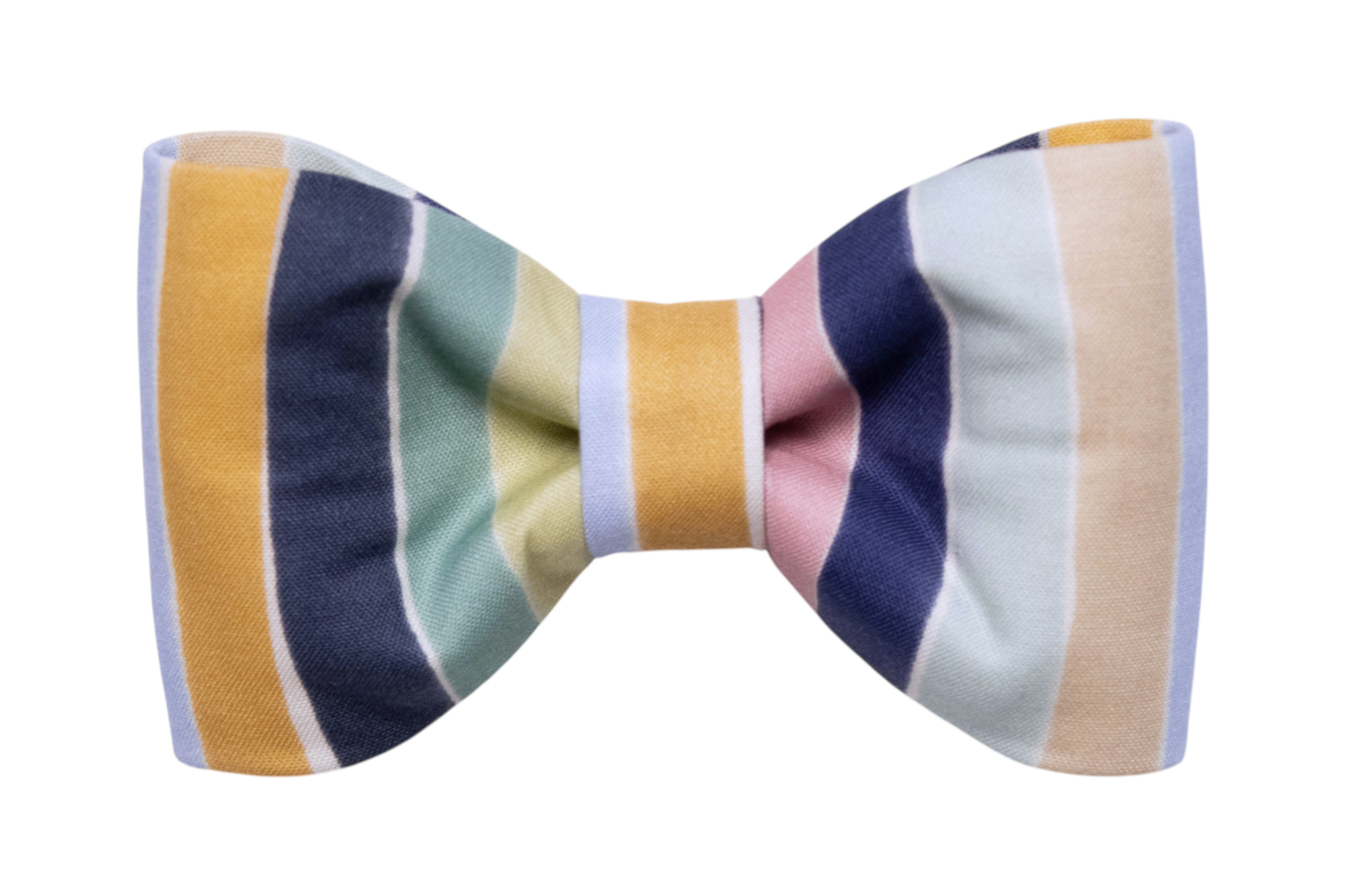 A classic dog bow tie featuring a vertical pastel stripe pattern in rainbow tones. Pre-tied and structured for a clean silhouette, ideal for a polished pet style.
