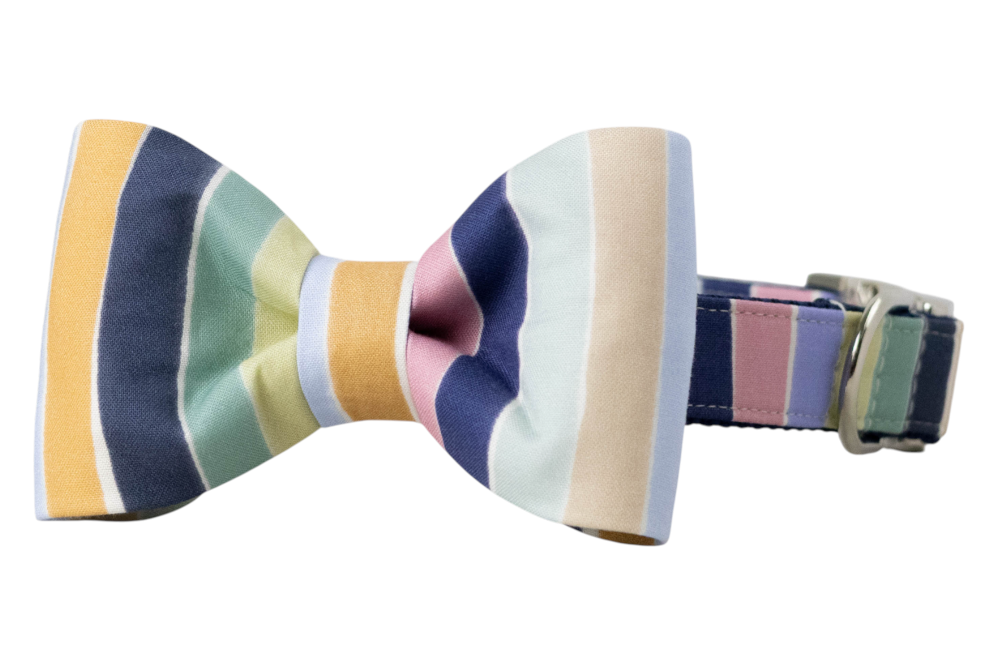A stylish dog collar with a matching pastel-striped bow tie. The crisp bow tie is centered on a coordinating collar with a D-ring and durable buckle, perfect for fall!
