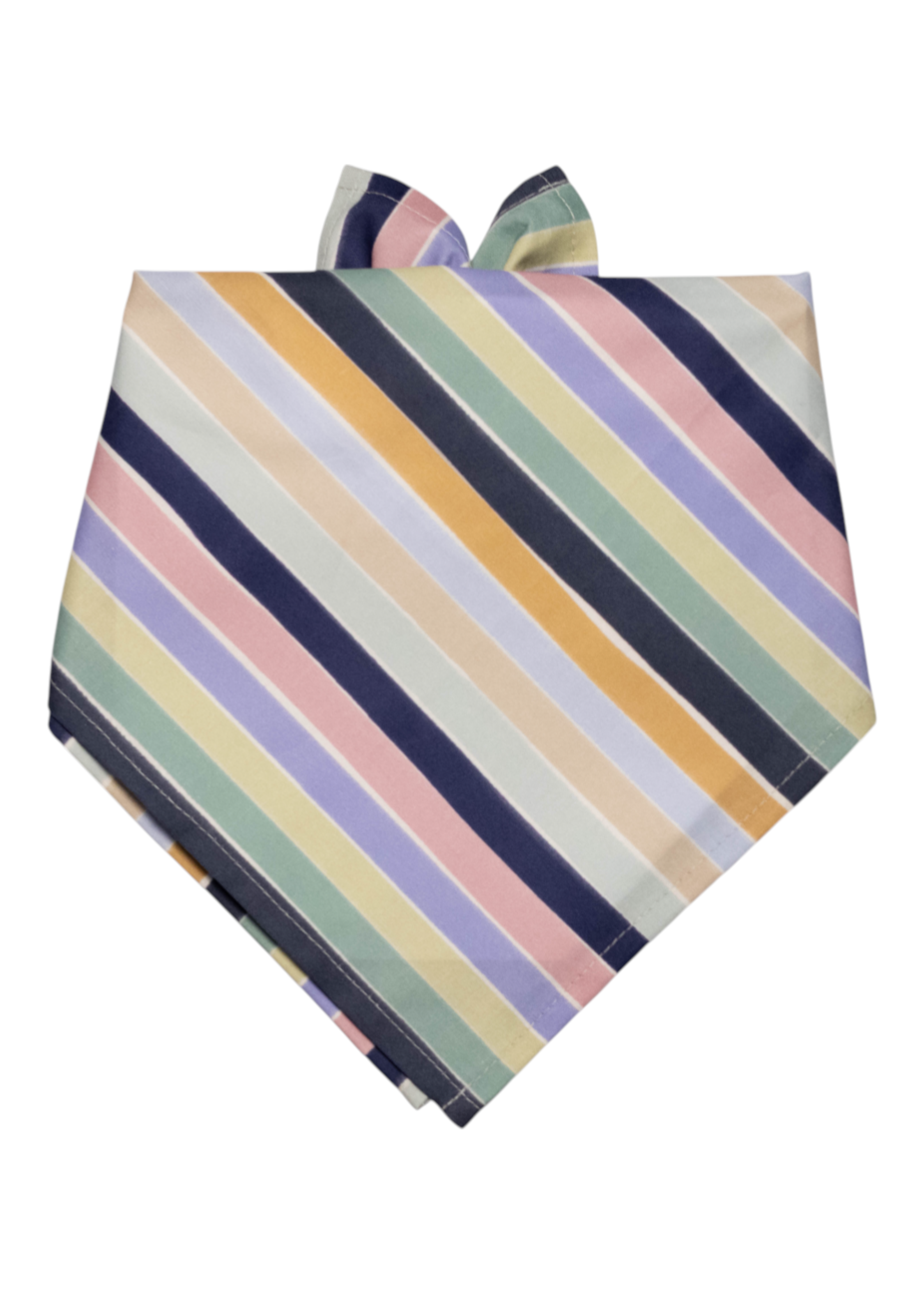 A dog bandana with crisp diagonal stripes in soft rainbow hues. Designed to be tied around your dogs neck, this accessory adds a fresh, stylish touch to any pup's wardrobe.