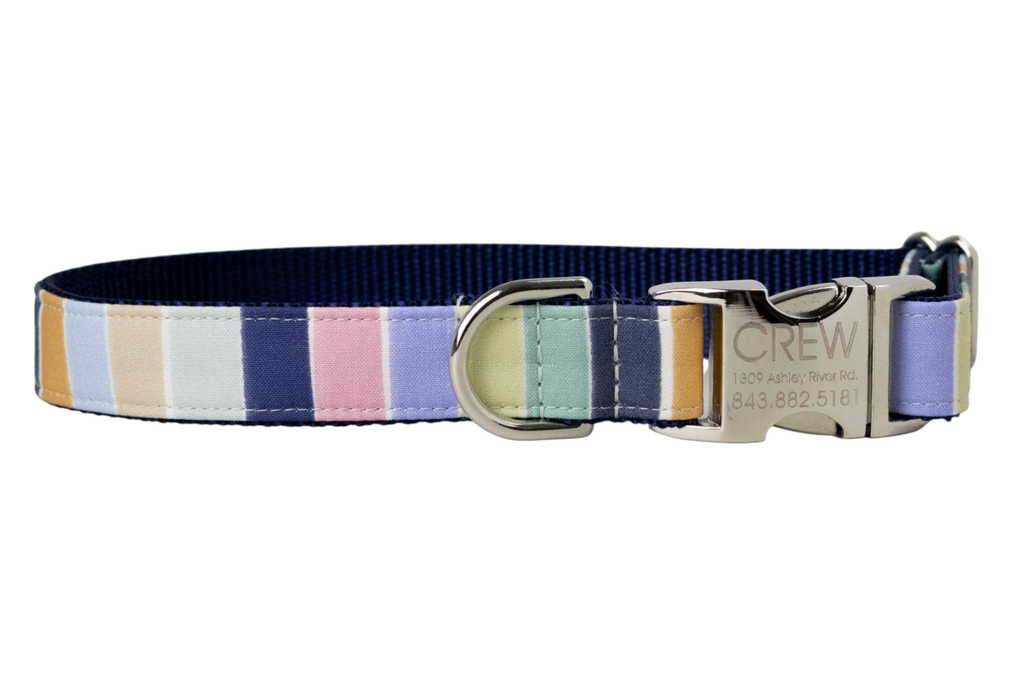 A dog collar with a multicolored vertical stripe pattern in pastel shades. The collar features a dark nylon woven backing, a metal side-release buckle, and D-ring.