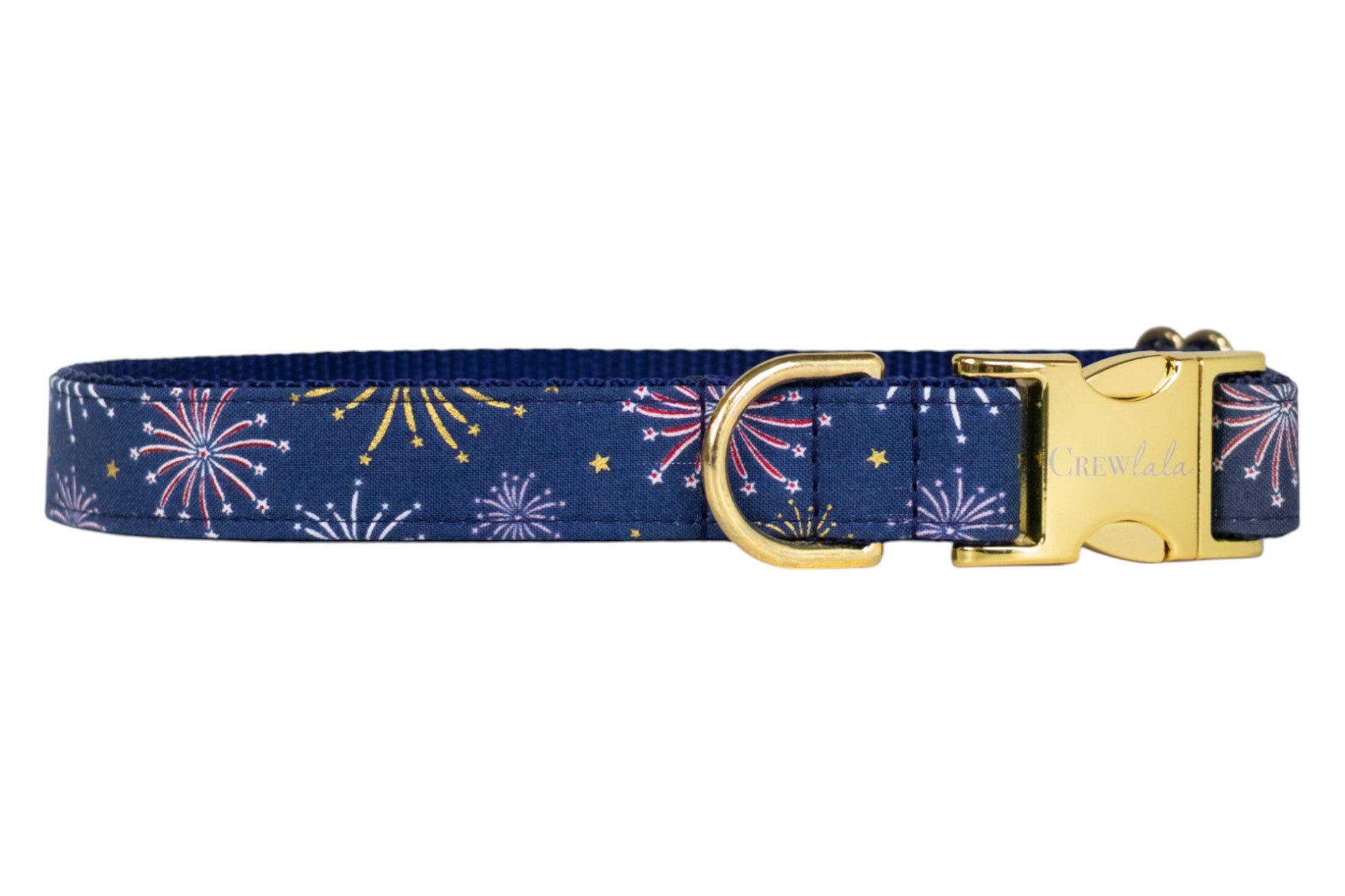 Stylish navy dog collar adorned with colorful fireworks and golden stars, finished with a polished gold buckle and D-ring. Perfect for July 4th or everyday!