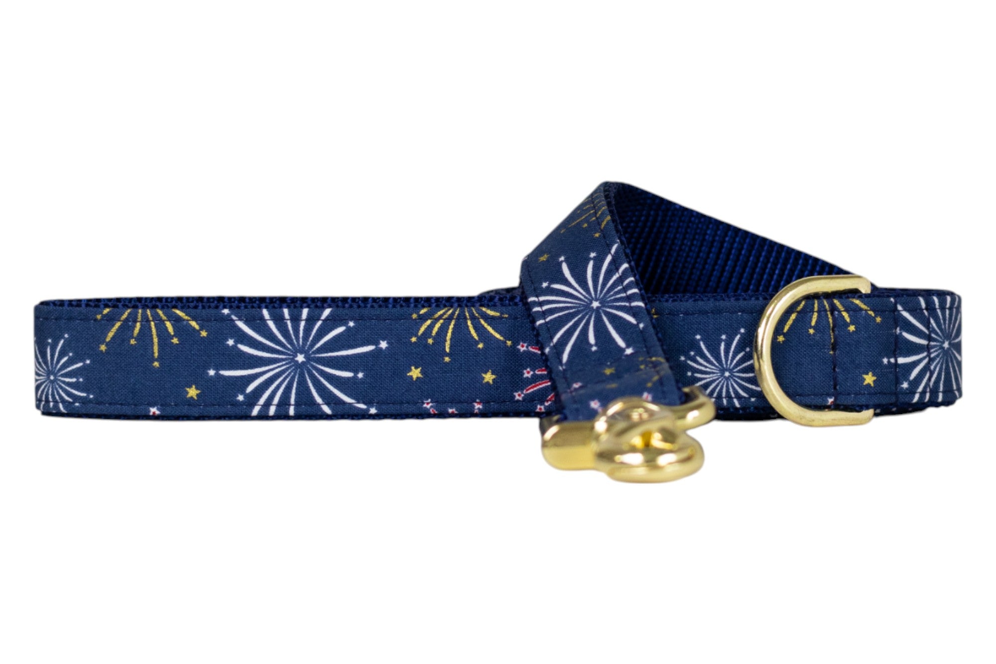 Navy blue dog collar adorned with colorful fireworks and gold accents, featuring a durable golden clasp and D-ring.