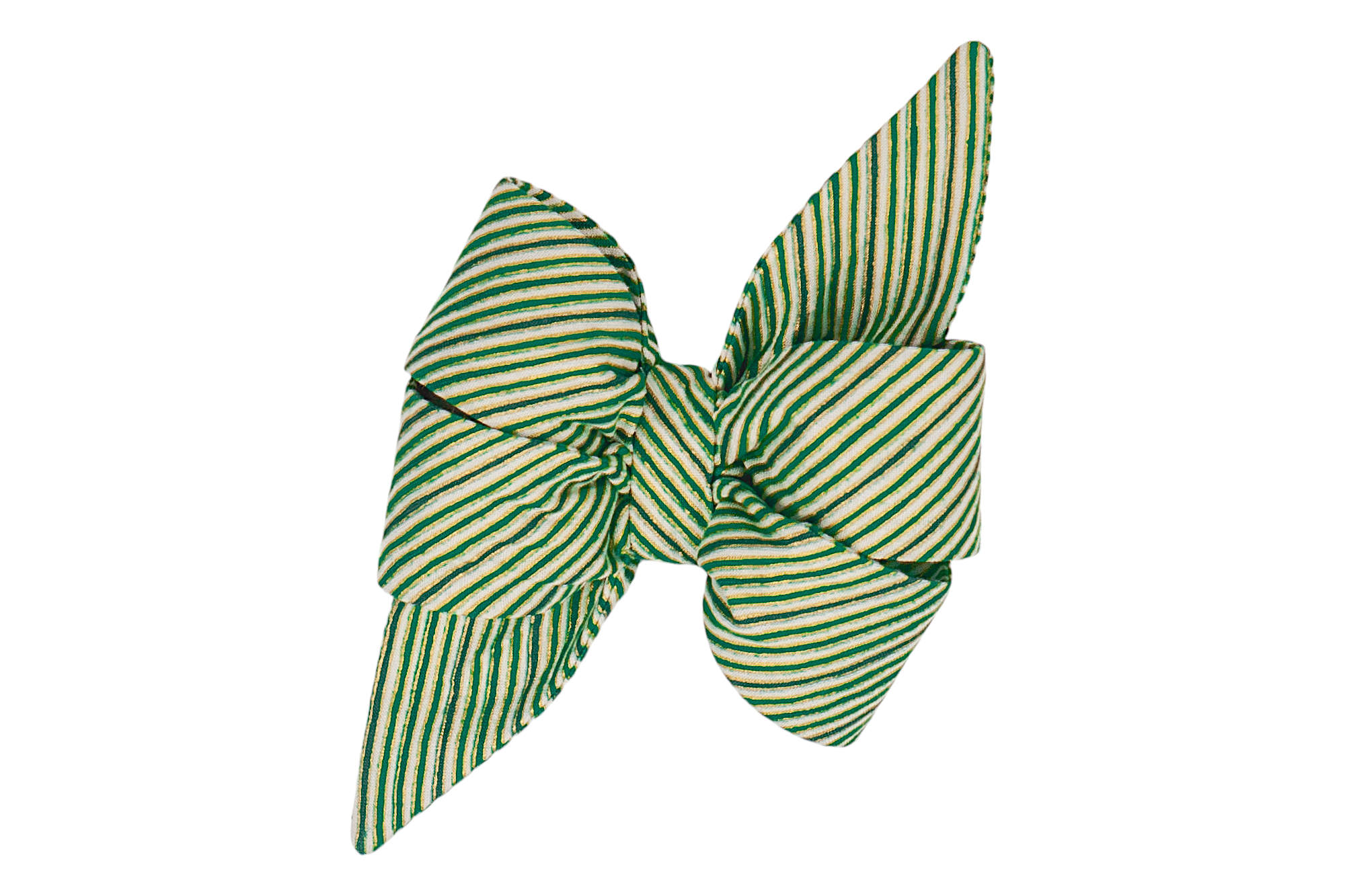 Festive oversized belle bow for dogs, featuring a diagonal stripe design in green. The belle bow is designed with voluminous loops and extended pointed ends, offering a statement-making, feminine holiday style.