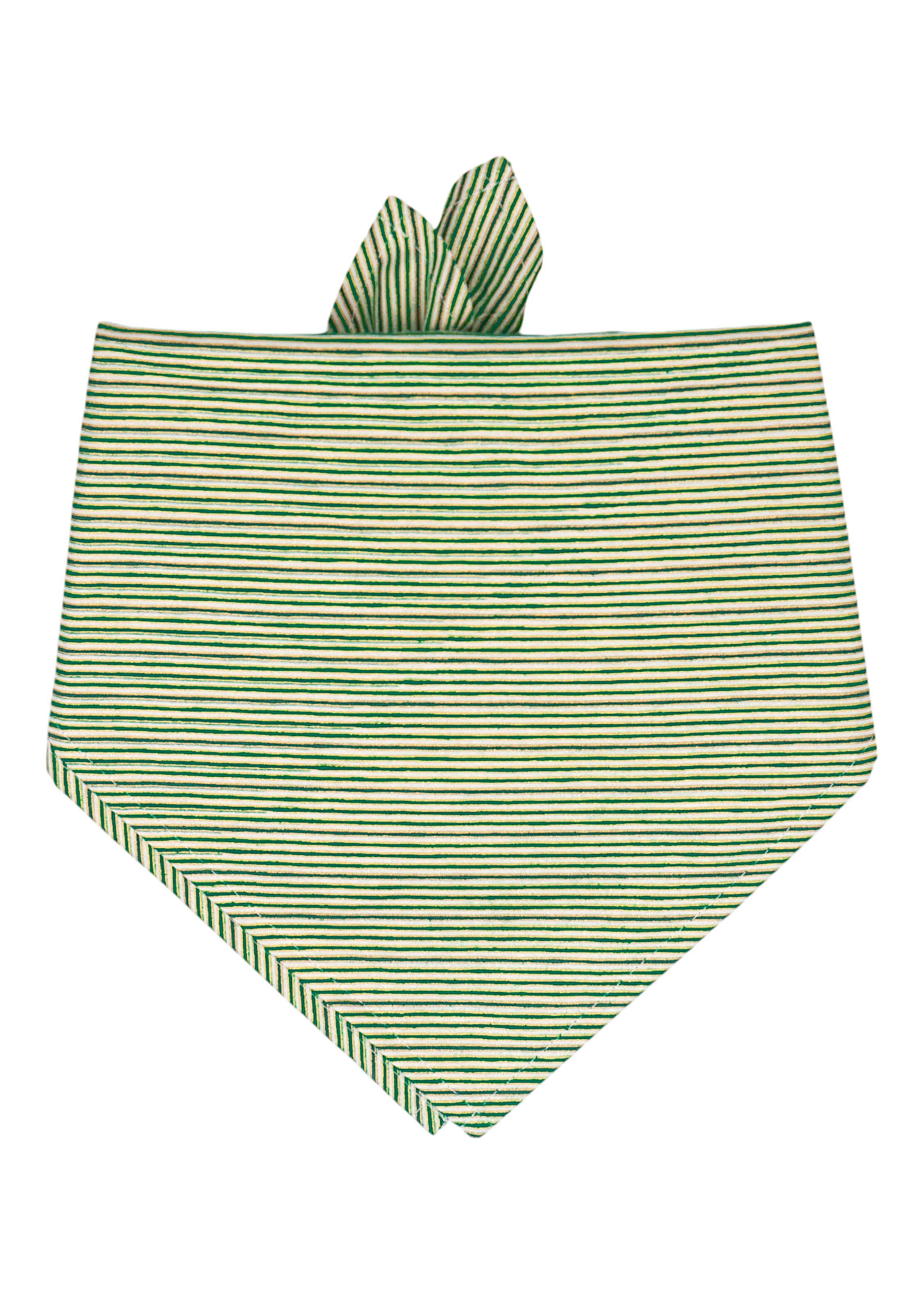 Dog bandana made from fabric with thin diagonal green stripes, in a festive twist. The bandana ties at the top with two small fabric ends and features clean stitched edges for a polished holiday look.