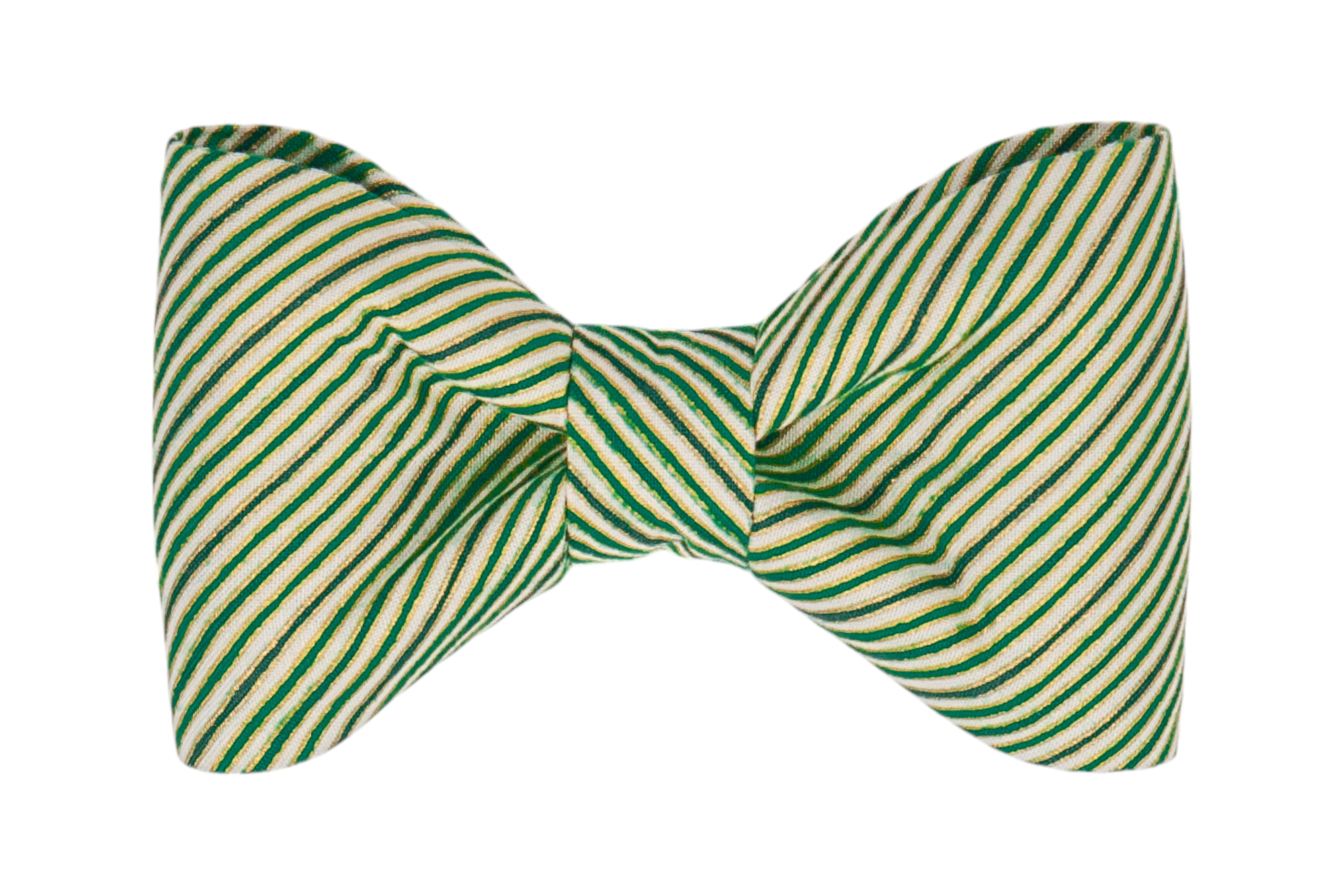 Christmas bow tie featuring diagonal candy cane–style stripes in green stripes. The structured bow has two wide loops and a central band, making it a cheerful and classic holiday accent for a dog's collar.