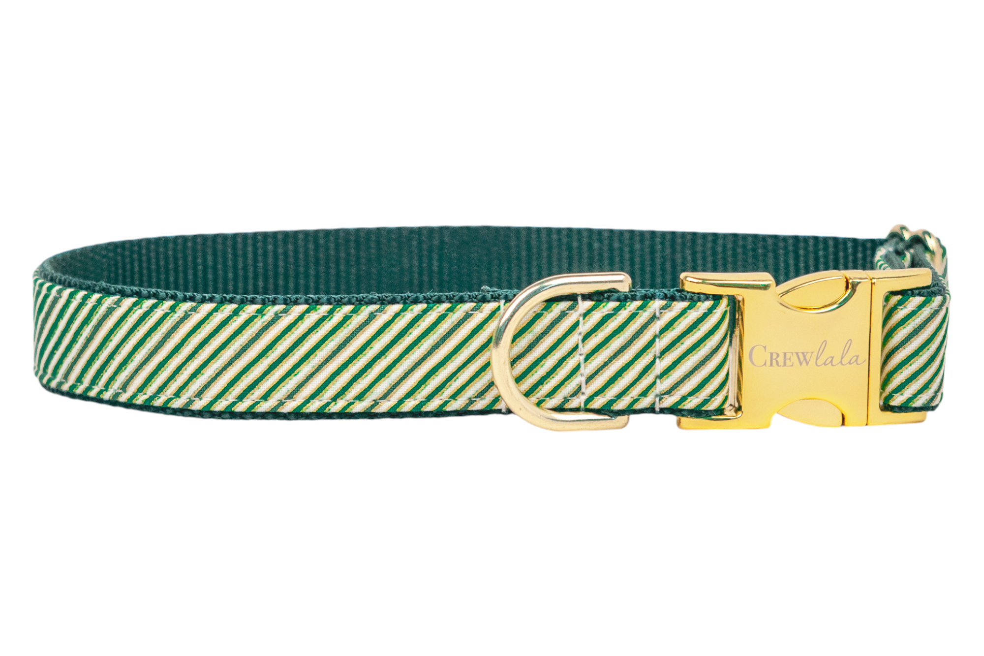 A festive dog collar featuring diagonal green stripes, resembling a candy cane pattern with a holiday twist. The collar is reinforced with dark green nylon webbing and includes polished hardware: a side-release buckle engraved with "Crewlala" and a sturdy D-ring.