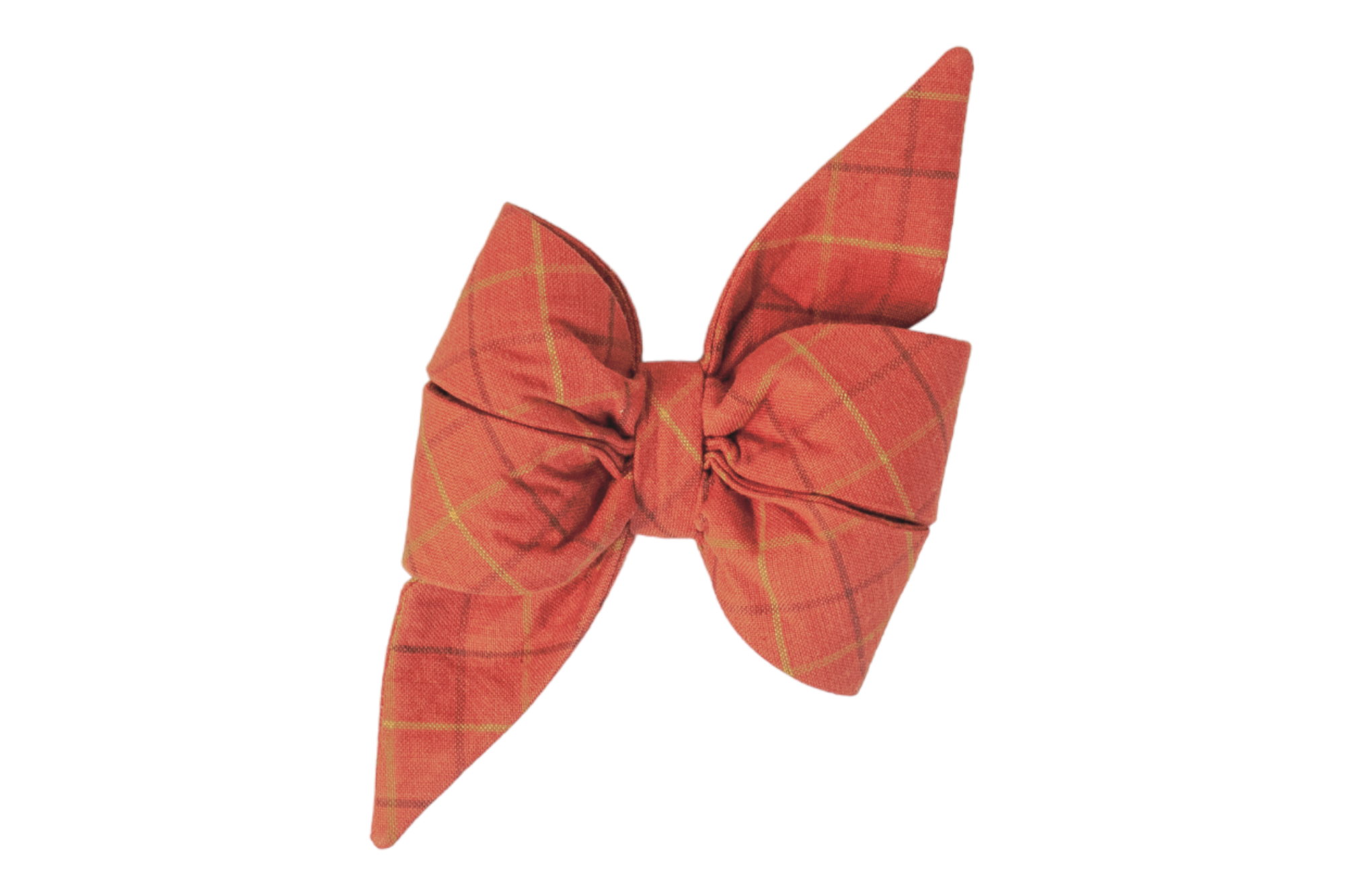 Large decorative belle bow in muted orange flannel fabric with a subtle diagonal plaid pattern in slightly lighter and darker tones. The belle bow features two long, pointed tails and is neatly cinched at the center.