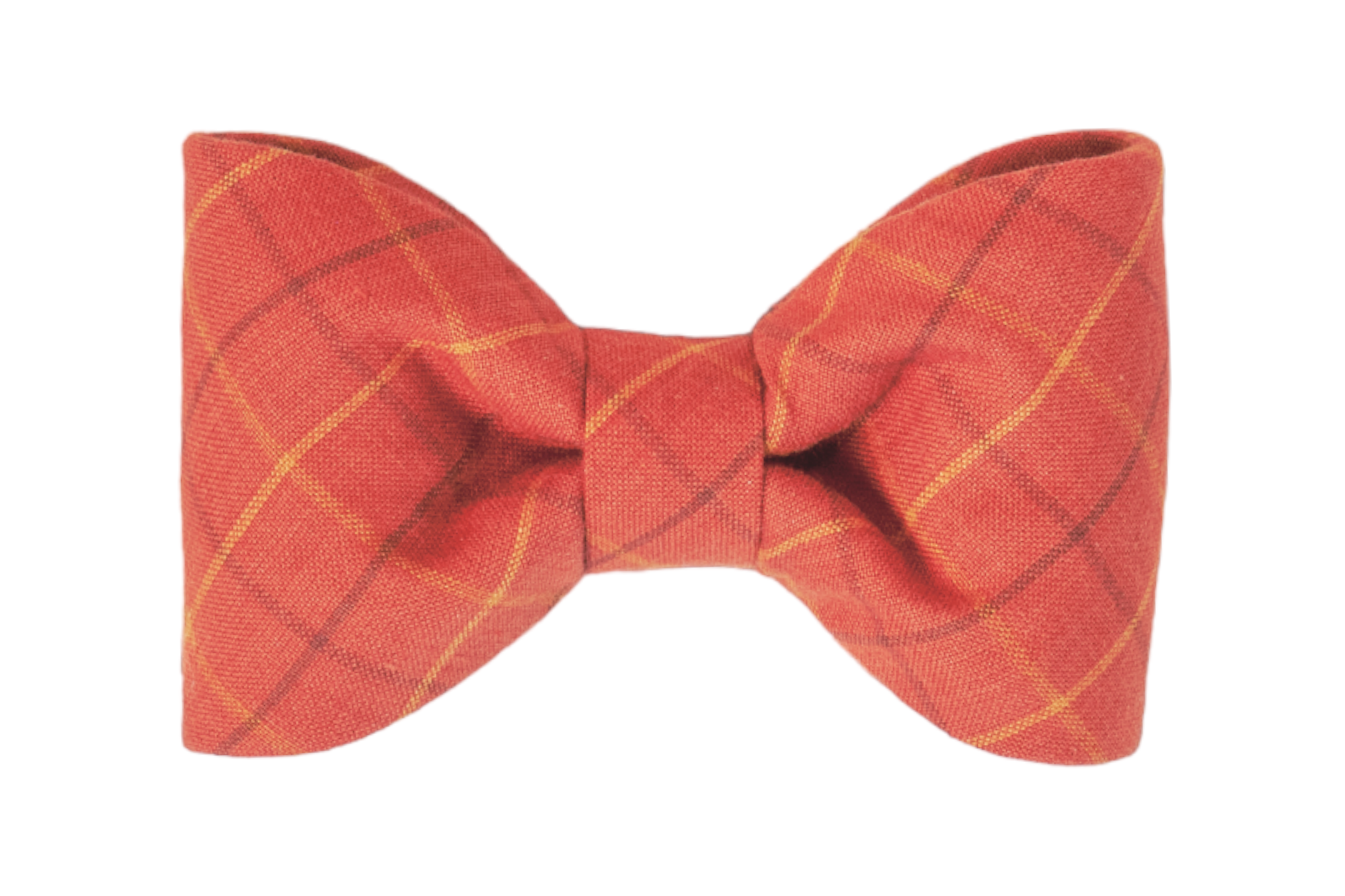 Soft-textured dog bow tie in earthy orange, featuring understated plaid lines in slightly contrasting shades for a refined, simple look.