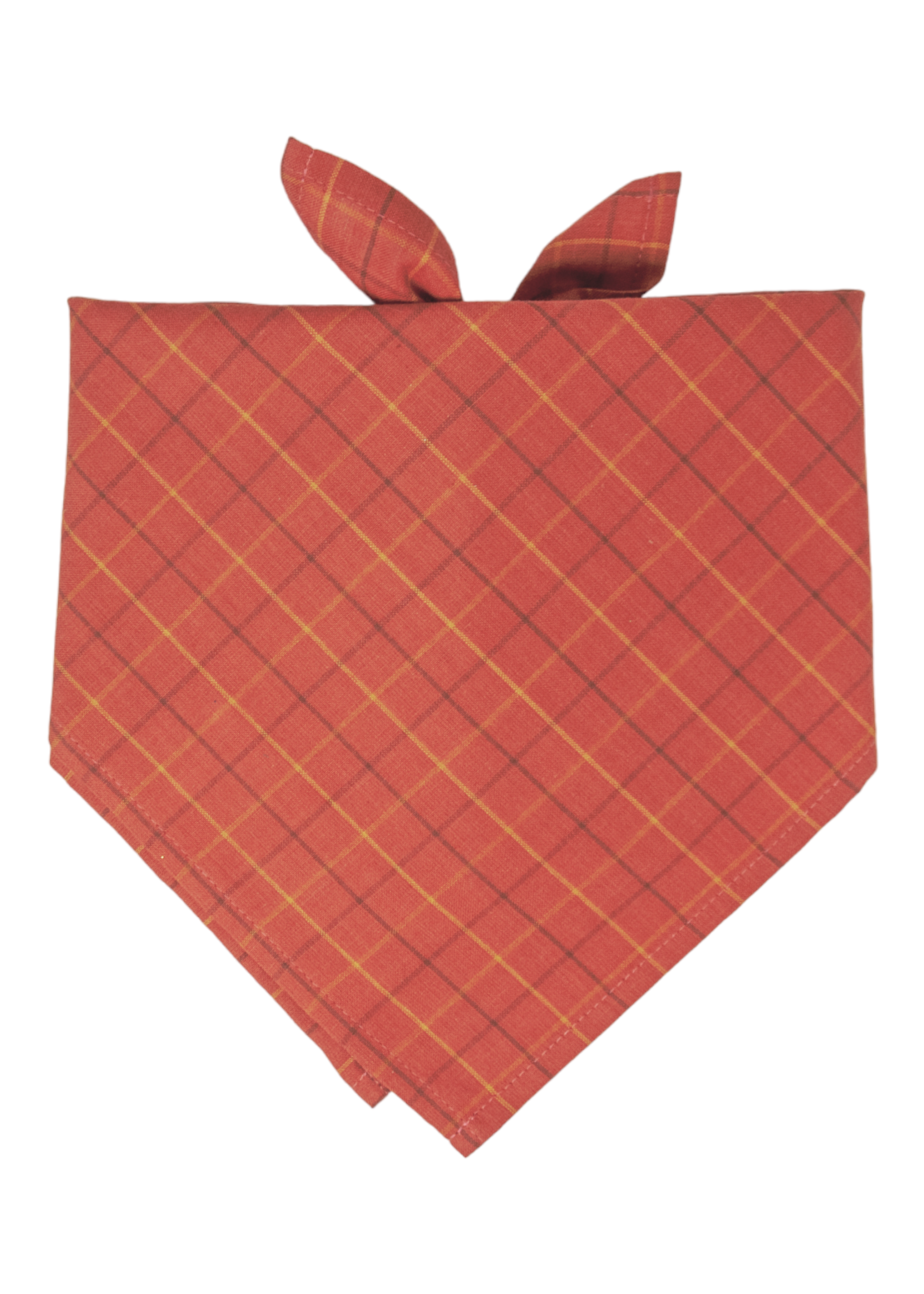 Dog bandana in warm orange, featuring fine intersecting lines forming a subtle plaid design, with a knot tie at the back.
