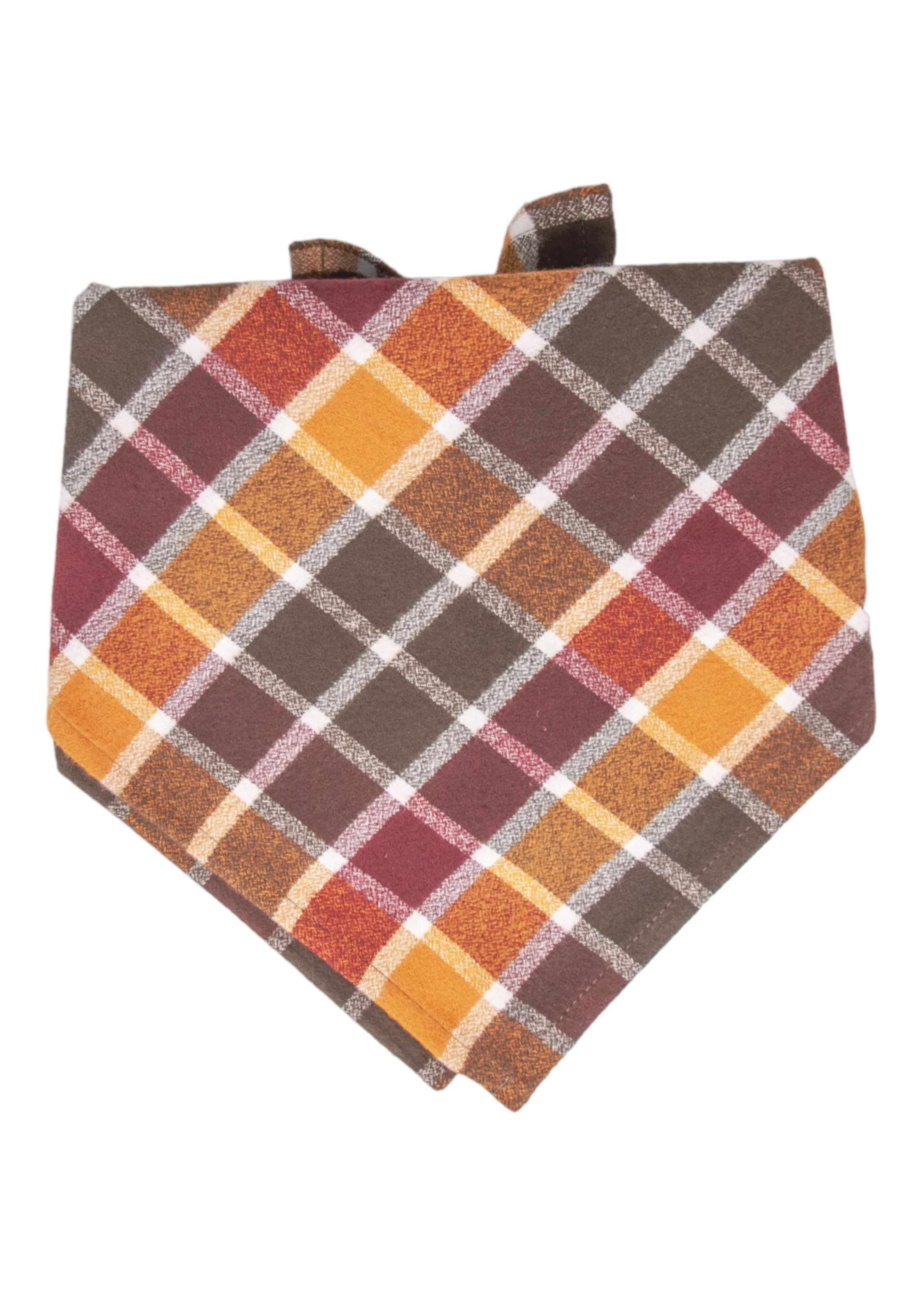 Cozy plaid dog bandana in rich autumn colors, accented by thin light crisscross lines, crafted from soft flannel and folded into a triangular shape for wearing.