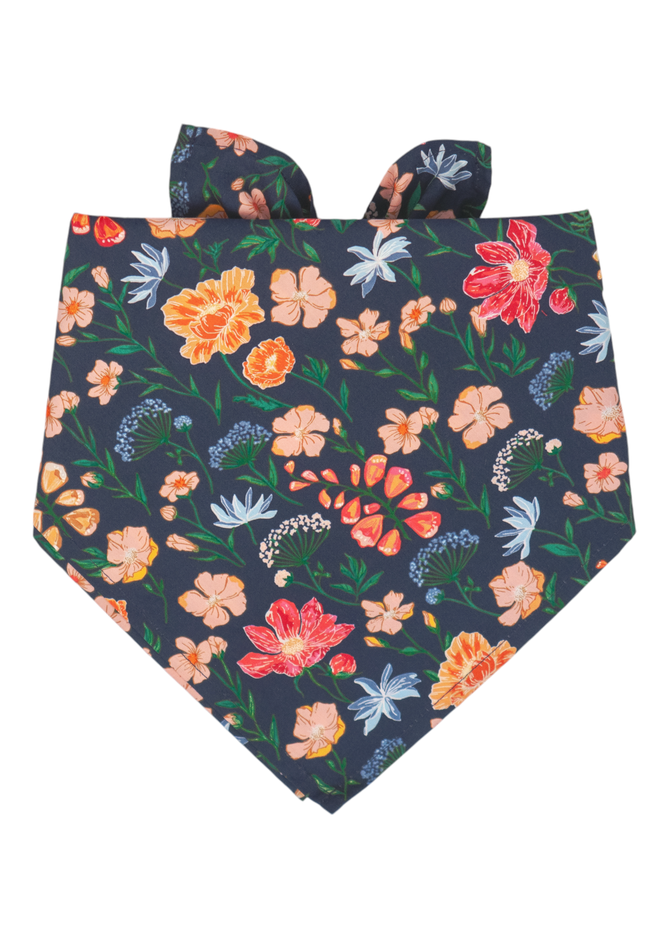 Navy bandana in a triangle shape, featuring an all-over print of flowers in warm shades of pink, yellow, and coral with green foliage. Two ear-like knots are tied at the top.