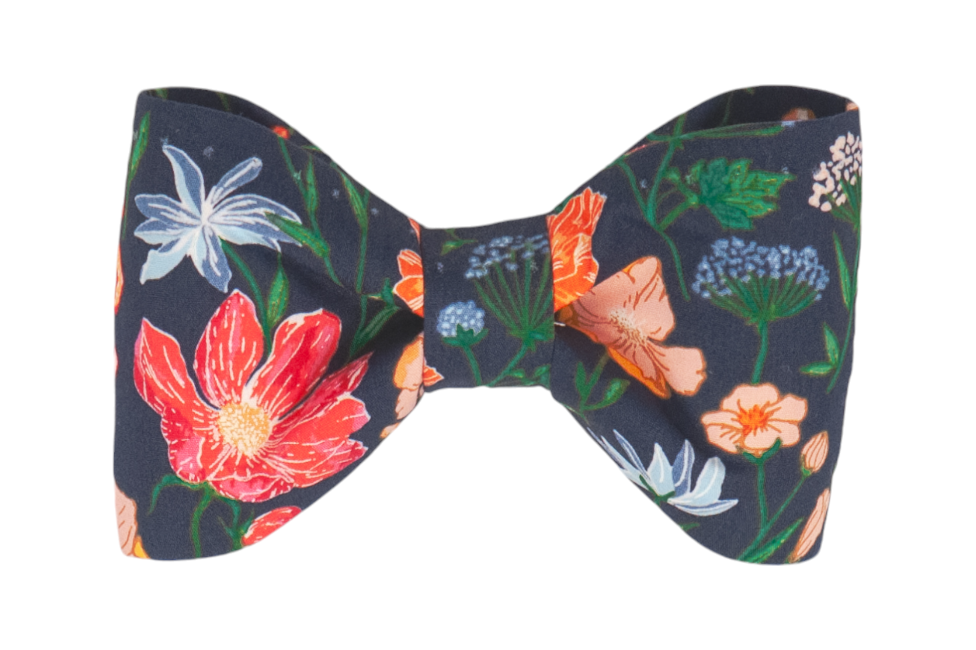 A handmade dog bow tie with a deep navy background, beautifully adorned with vibrant garden blooms in shades of red, orange, blue, and peach for a stunning botanical look for Fall.