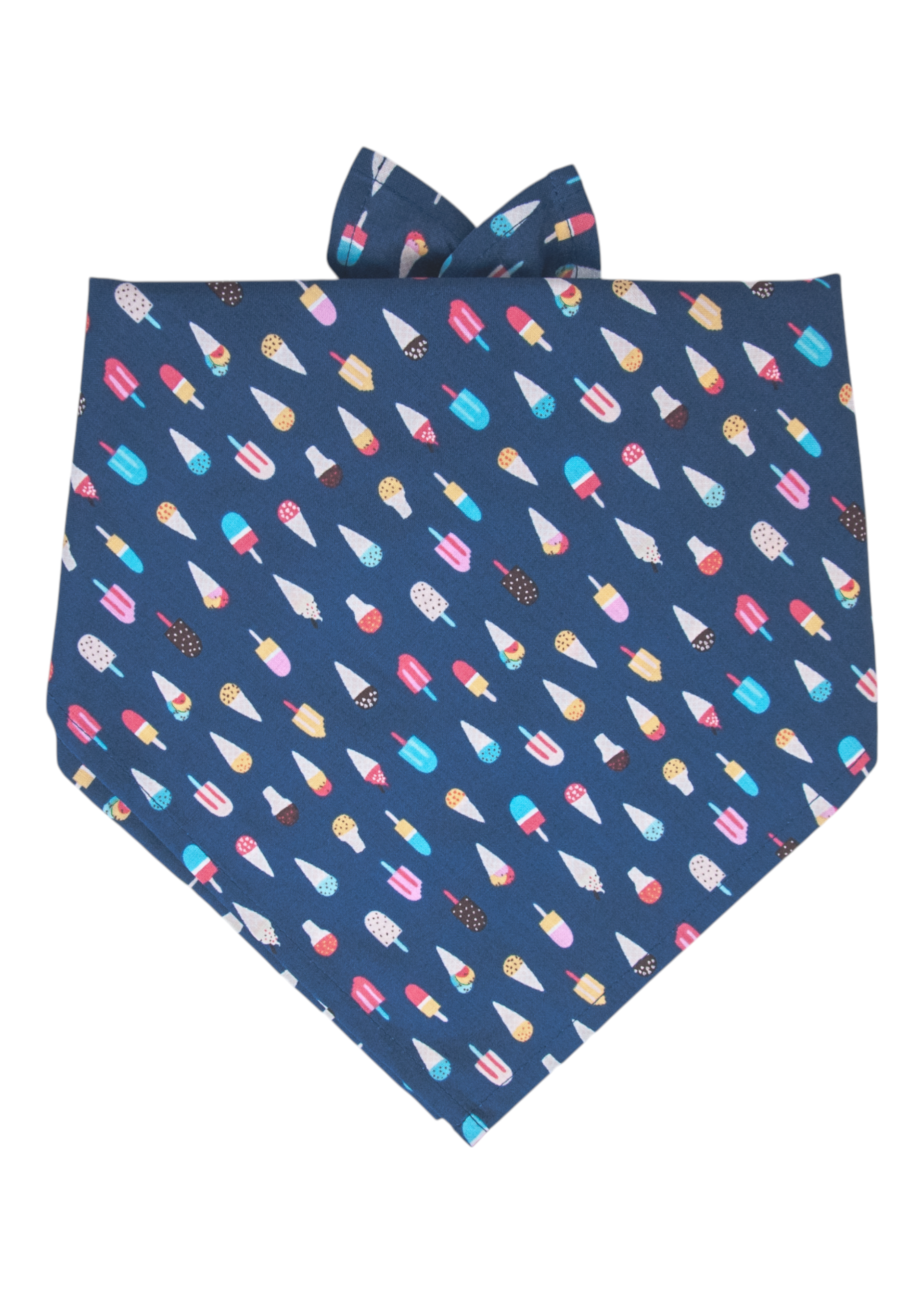 Dark blue dog bandana with a vibrant summer-themed print featuring a variety of stylized frozen treats like cones and popsicles. The fabric is folded into a pointed triangle and tied at the back for easy wear.