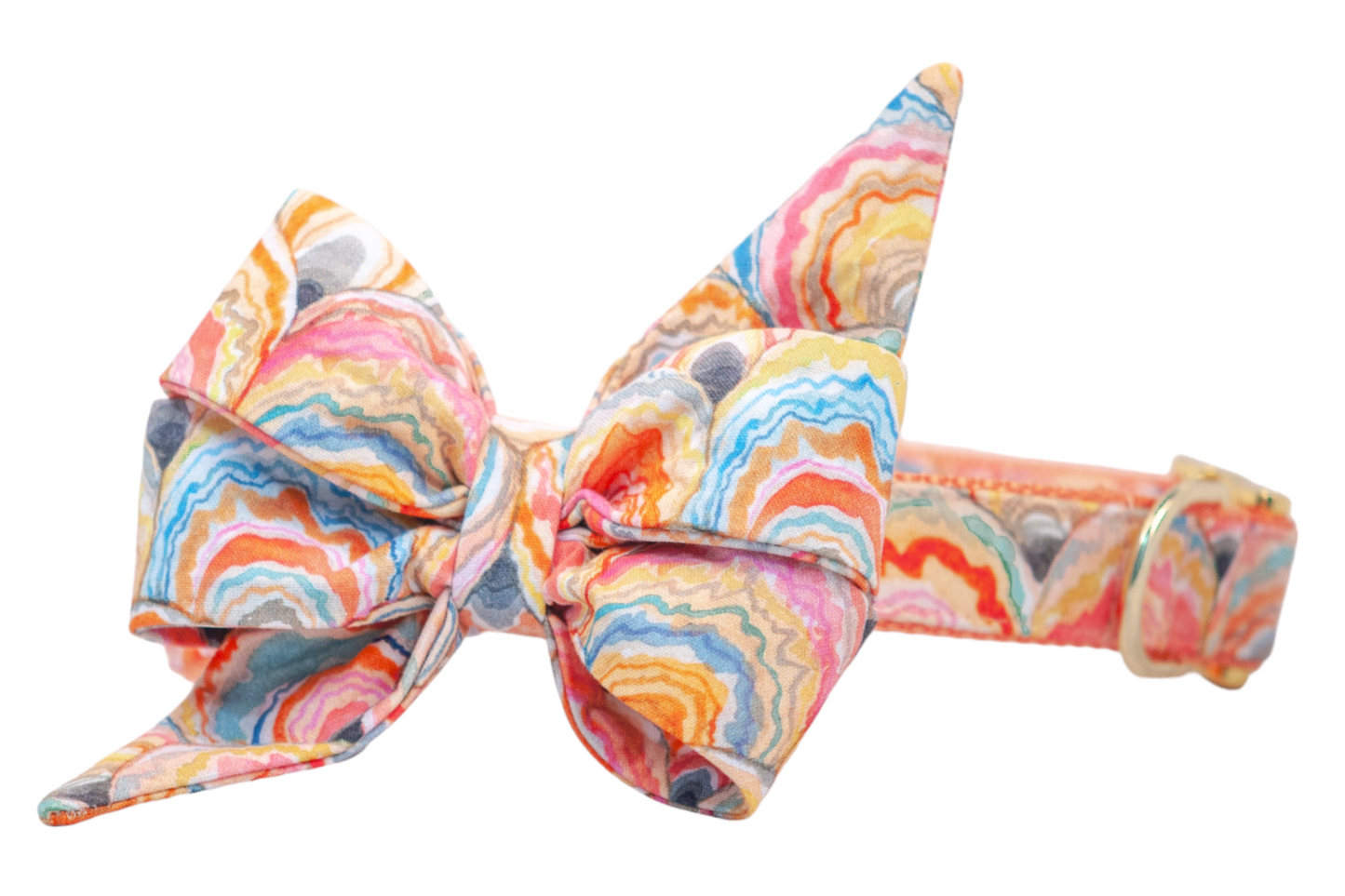 Decorative dog collar with a large double-loop belle bow in a vibrant scallop shell pattern, featuring swirling layers of pink, orange, blue, and yellow with a watercolor look.