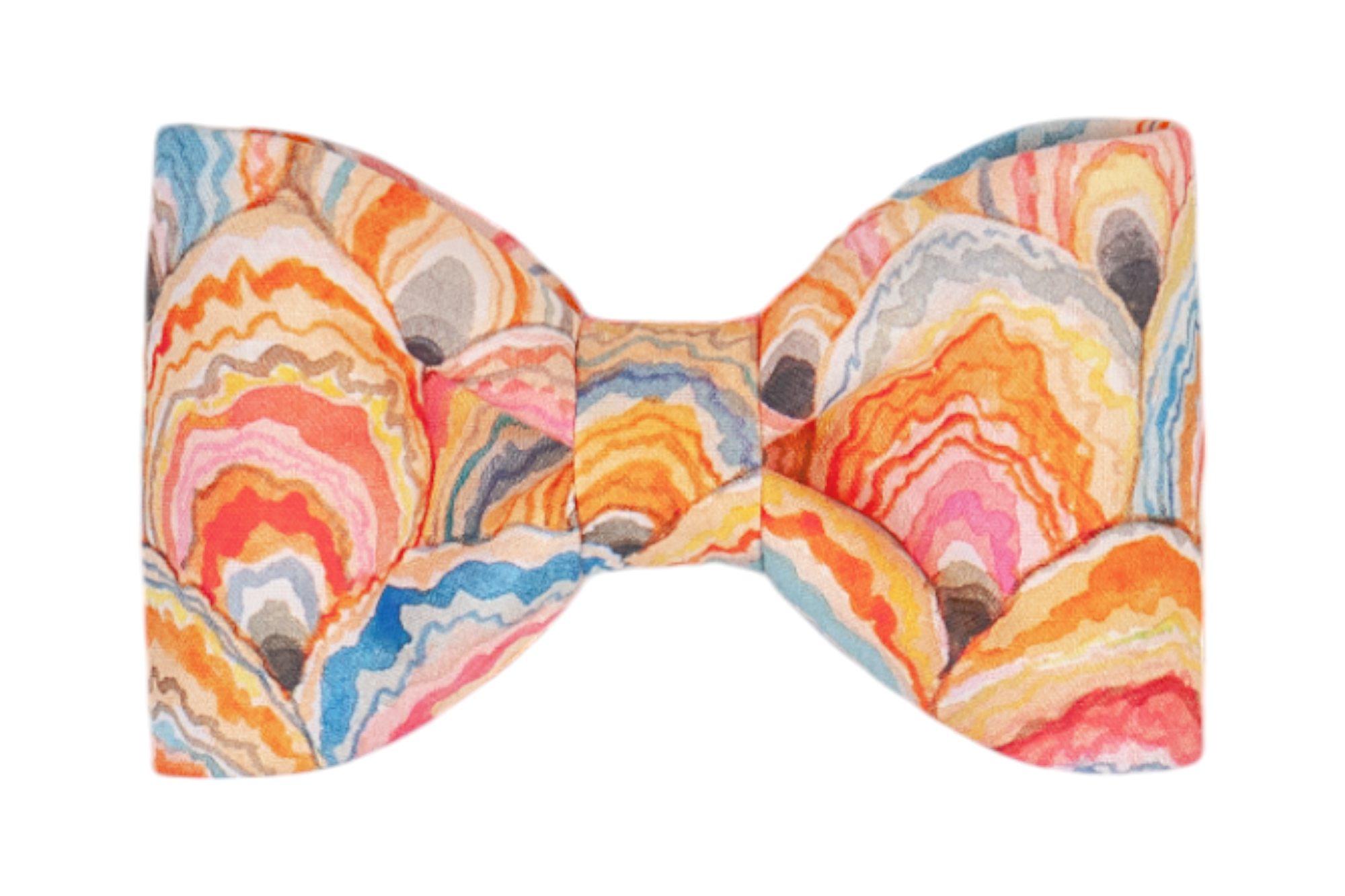 Colorful dog bow tie with a hand-painted seashell design, showcasing layered concentric patterns in a rainbow of warm and cool tones.