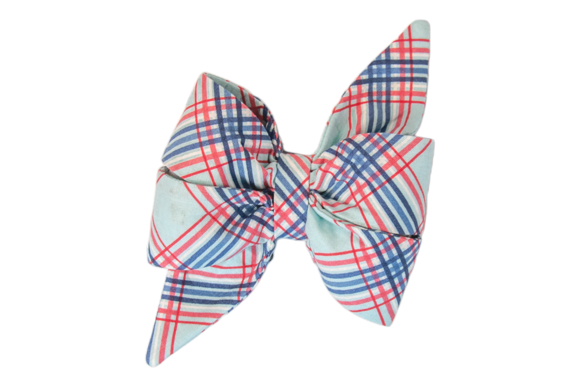 Girly dog belle bow in a crisp plaid pattern with intersecting red and blue lines on light blue fabric. The belle bow is voluminous and neatly shaped, designed as a fashionable accessory for a pet collar.