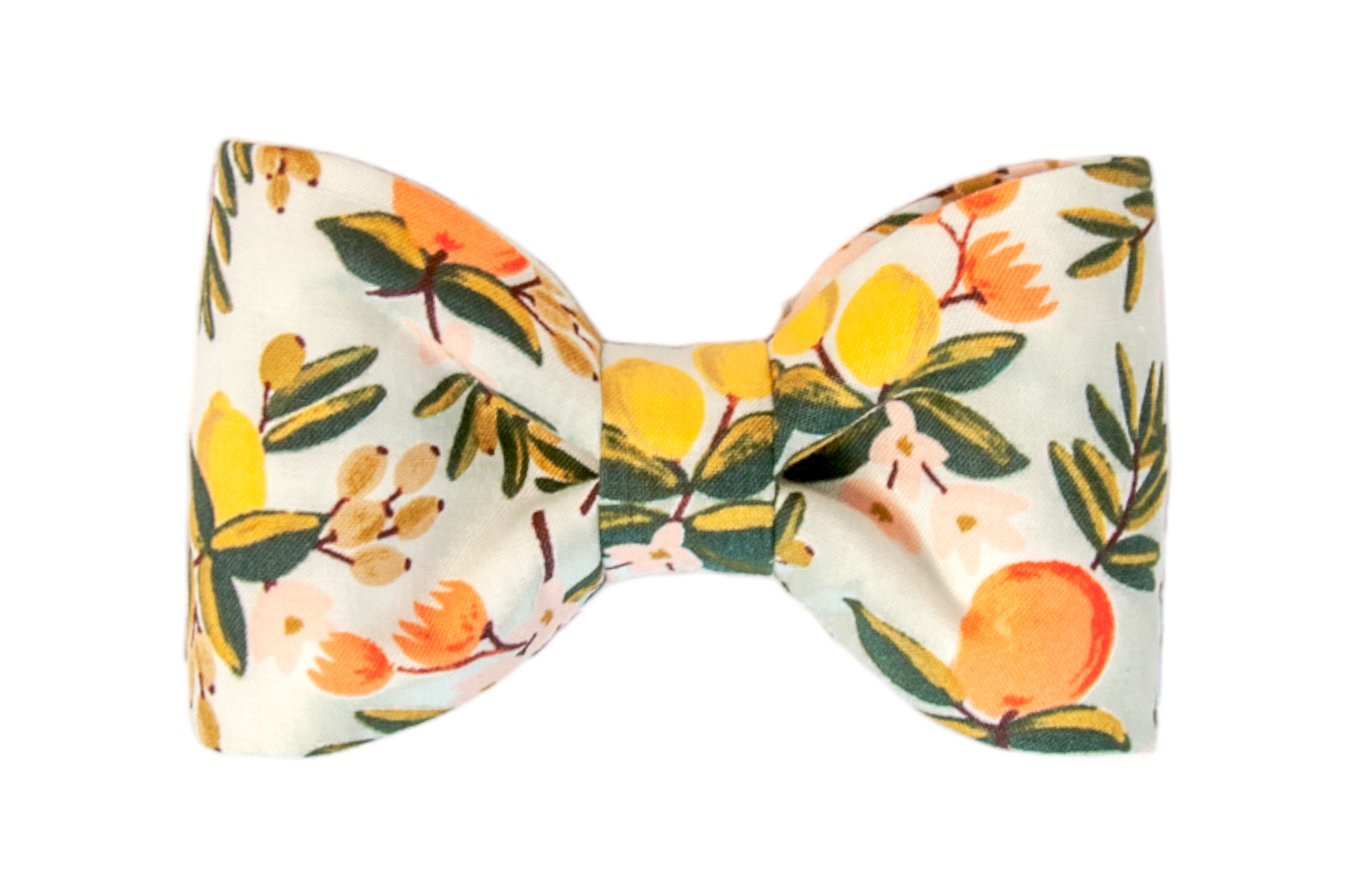 Fresh-picked style for your four-legged friend! This classic dog bow tie showcases a lively citrus and floral pattern and soft foliage on a light pastel background.