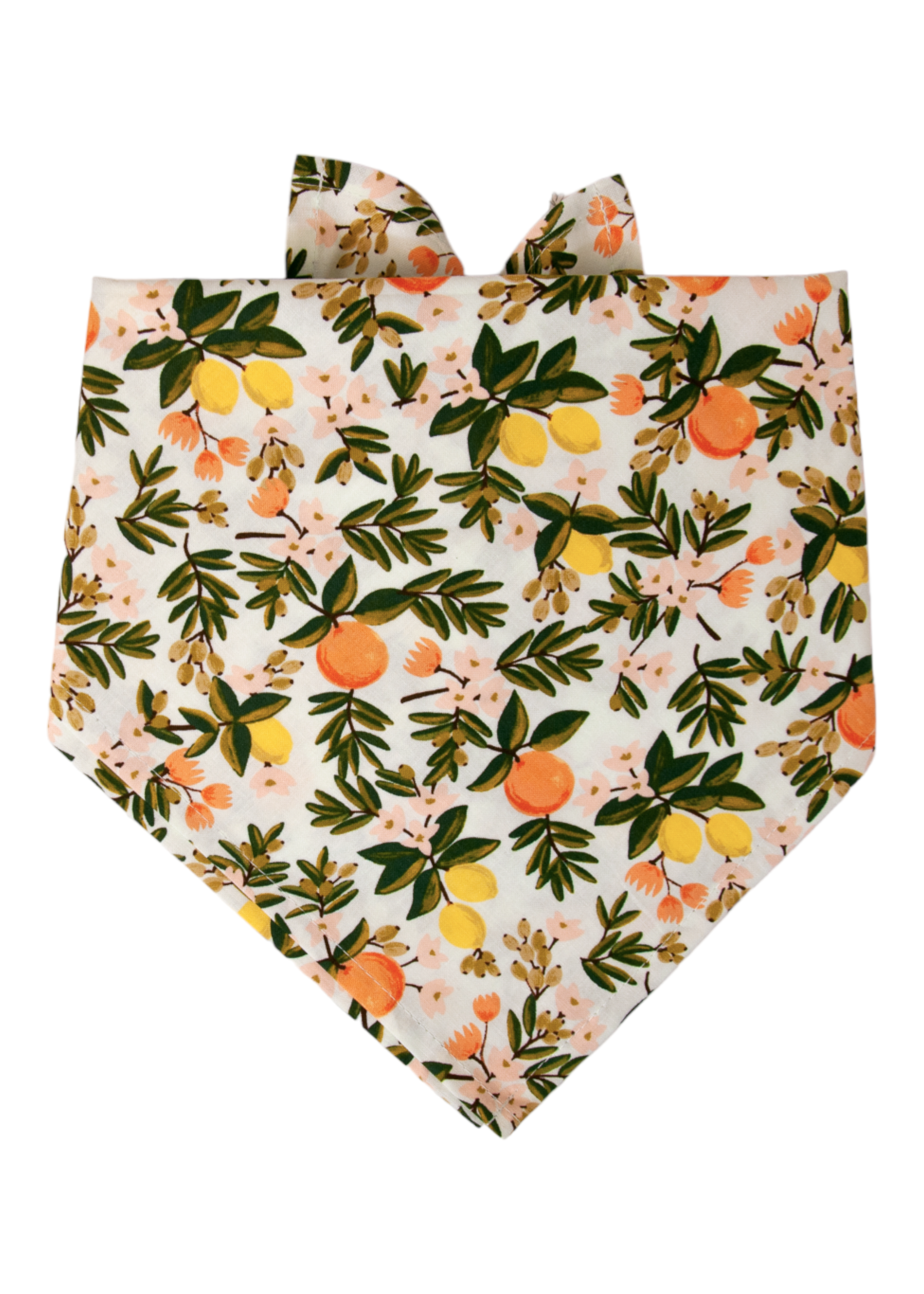 This tie-on dog bandana adds a fruity pop to any pup’s look, with a vibrant pattern of citrus and soft florals—designed for fun-loving dogs who dress to impress.