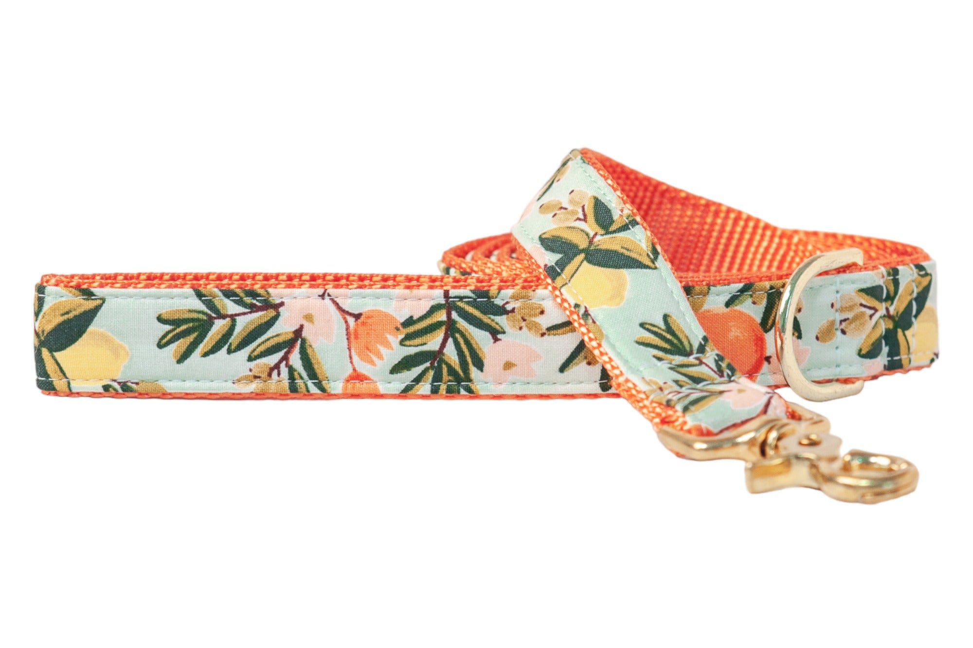 Brighten up your daily walks with this citrus-inspired dog leash, featuring a cheerful print and lush foliage on a pale background with vibrant webbing and polished hardware.