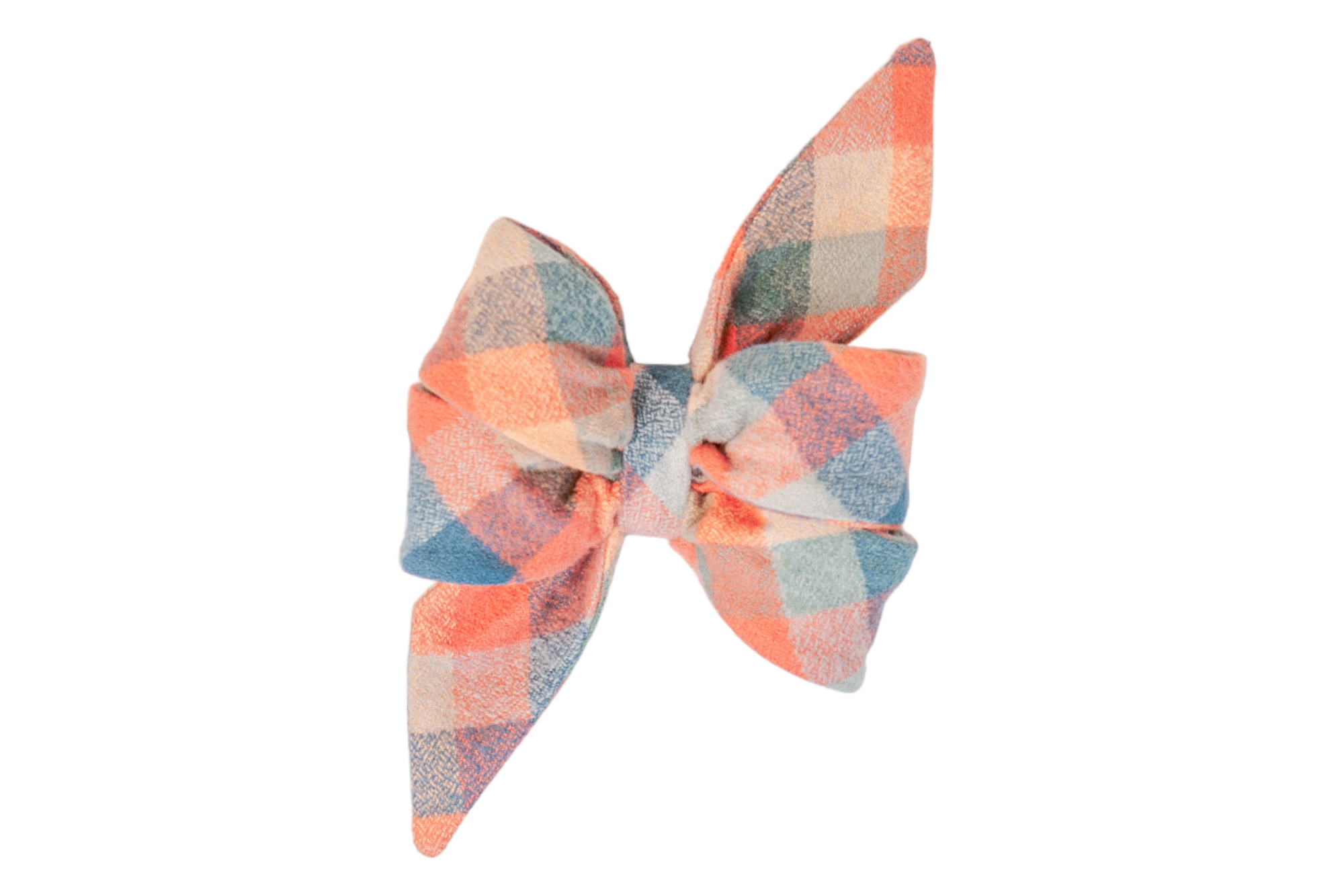 Stylish plaid belle bow featuring muted pastel colors, with crisp folds and two long tapered ends, giving the perfect feminine touch to your dogs fall wardrobe.