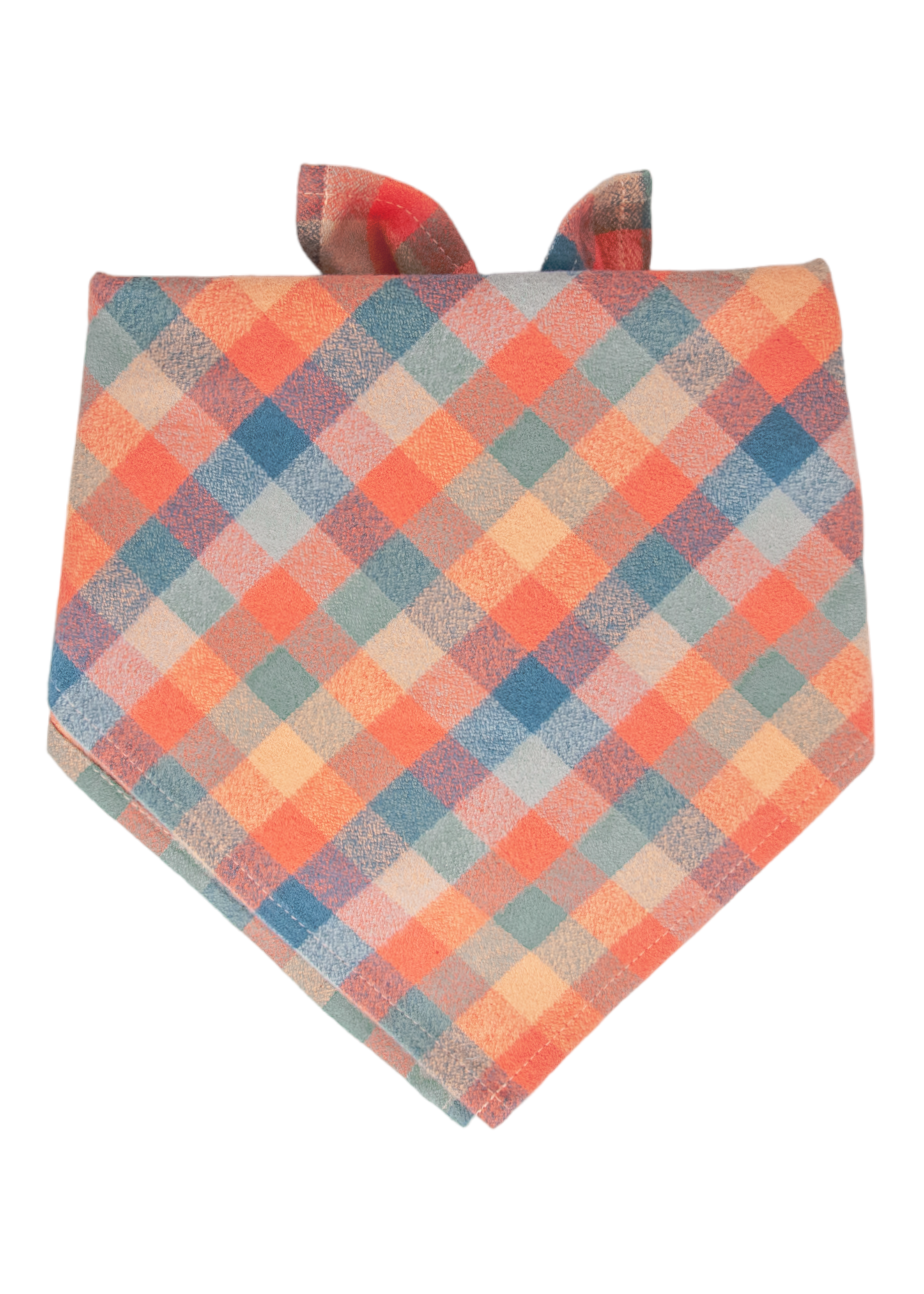 Flannel dog bandana in a warm and cool-toned plaid design, shown folded into a classic triangle with its tied corners extending slightly upward.