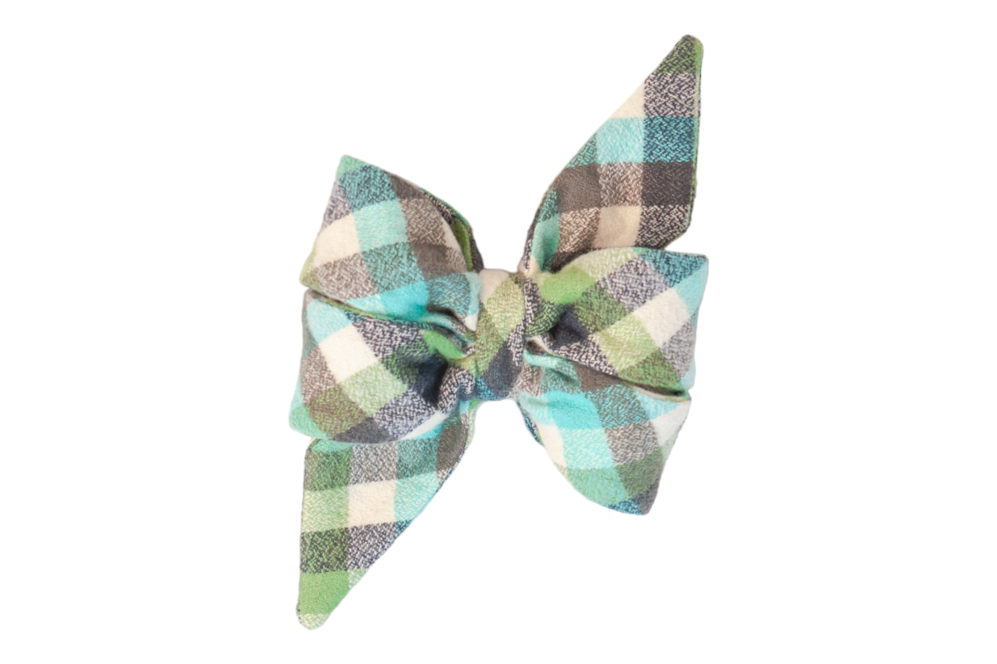 This charming flannel girl dog belle bow features a timeless checkered design in fresh hues of aqua, sage, and charcoal, perfect for Winter.