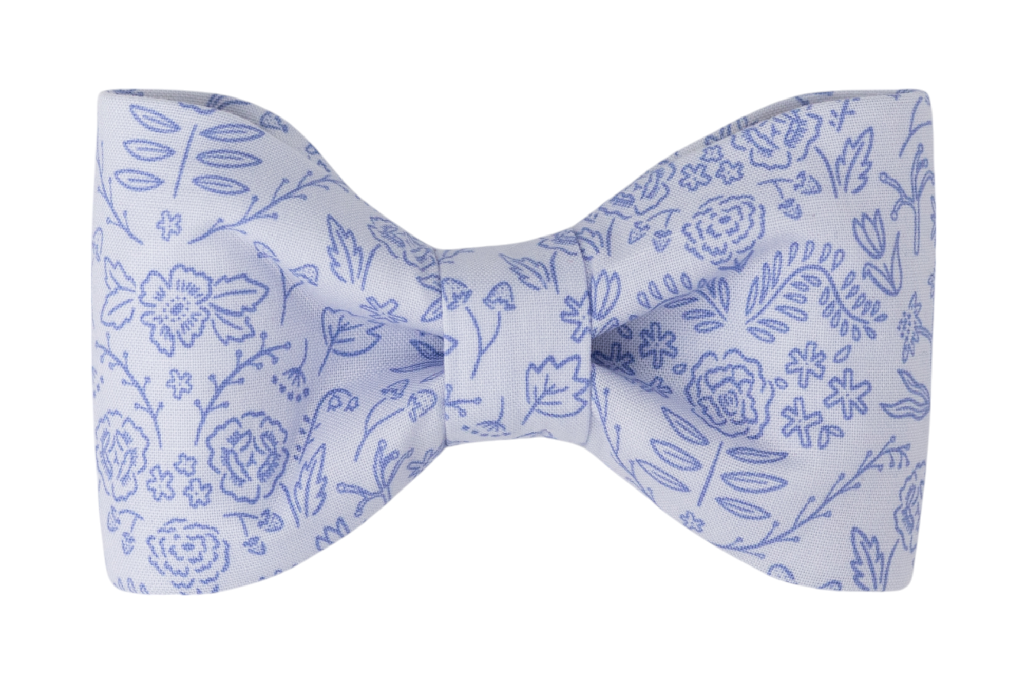 A dog bow tie with a soft light blue background featuring a delicate floral pattern in darker blue. The bow tie has a symmetrical, classic shape, designed for pets to wear as an accessory.