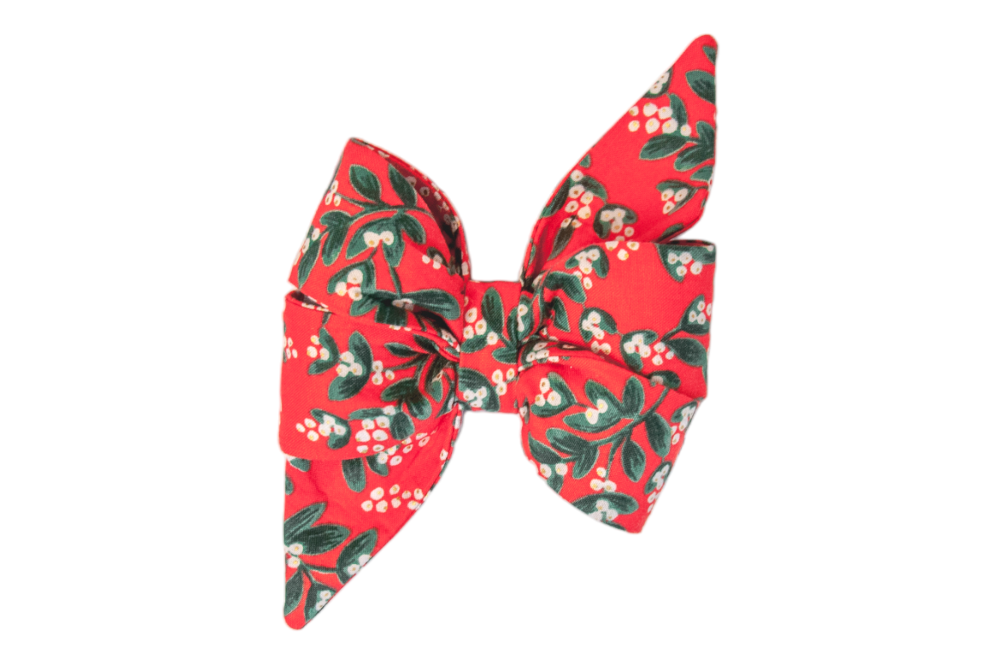 Holiday-themed feminine belle bow with a vibrant red base and mistletoe pattern, designed with structured folds and a double-pointed finish for extra seasonal flair.