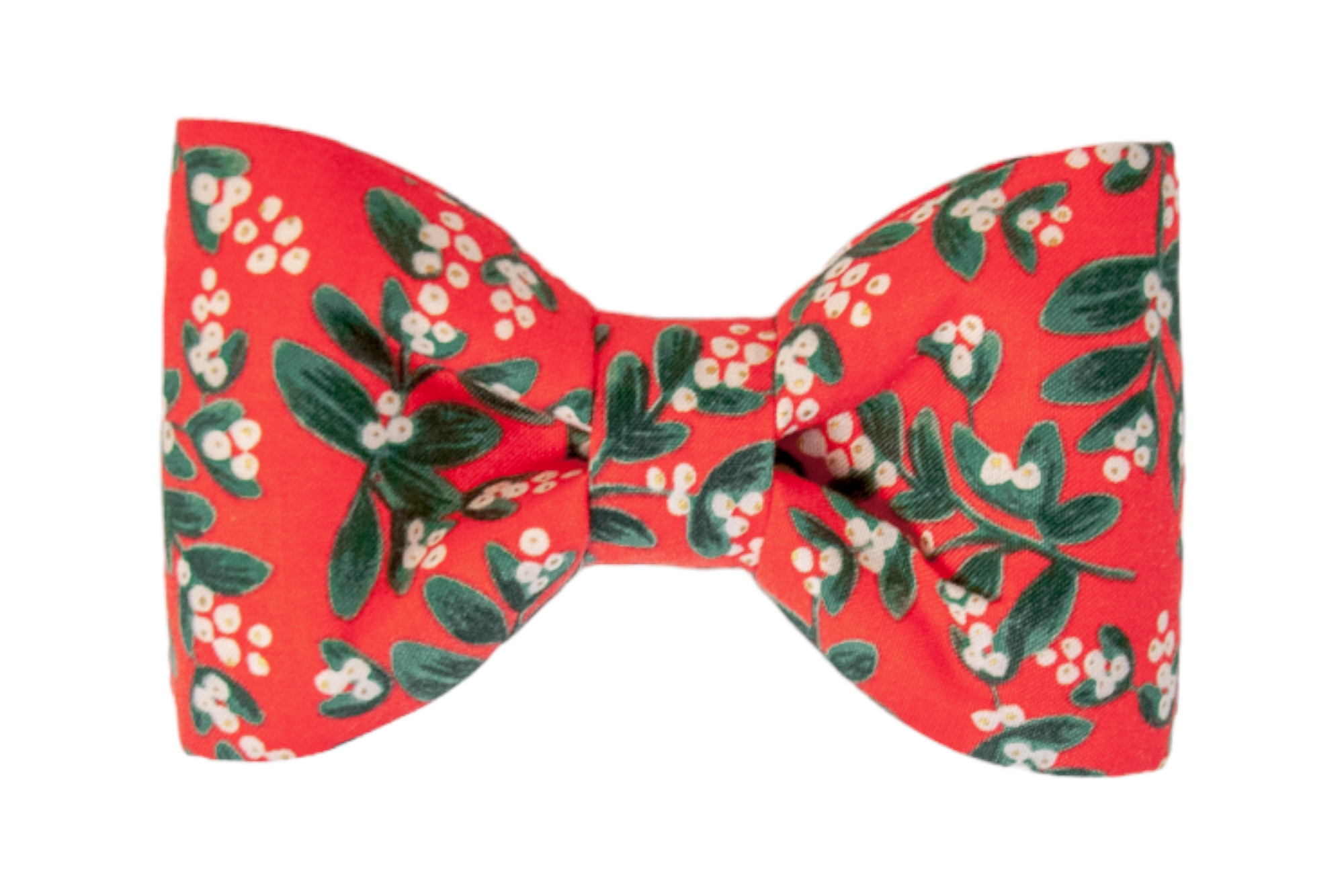 Cheerful dog bow tie in vibrant red with an all-over mistletoe pattern, featuring crisp edges and a cinched center for a polished holiday-ready look.