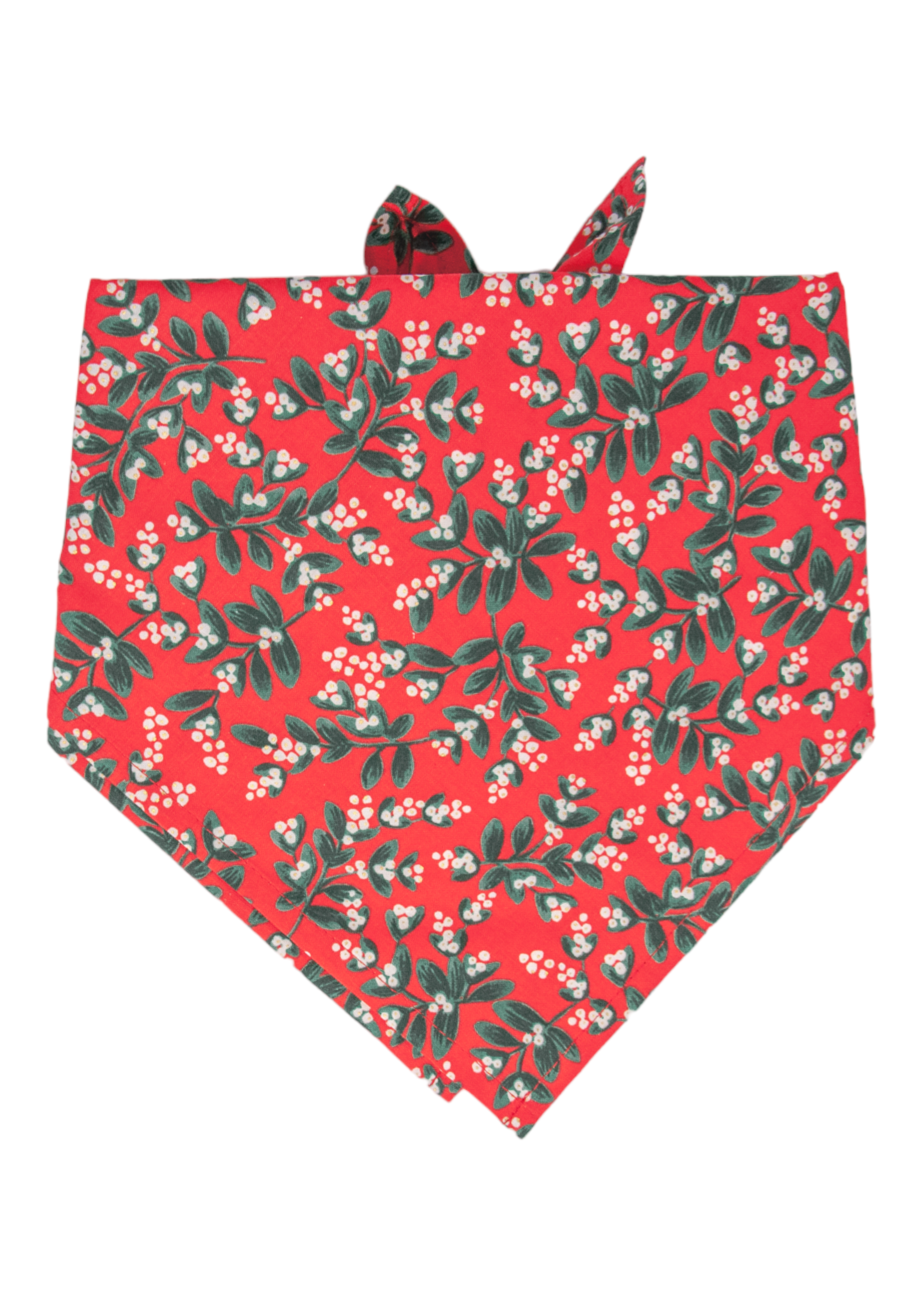 Cheerful holiday dog bandana in bright red, covered in a dense mistletoe pattern with foliage and berries, folded in a pointed triangle shape for a cozy and stylish seasonal look.