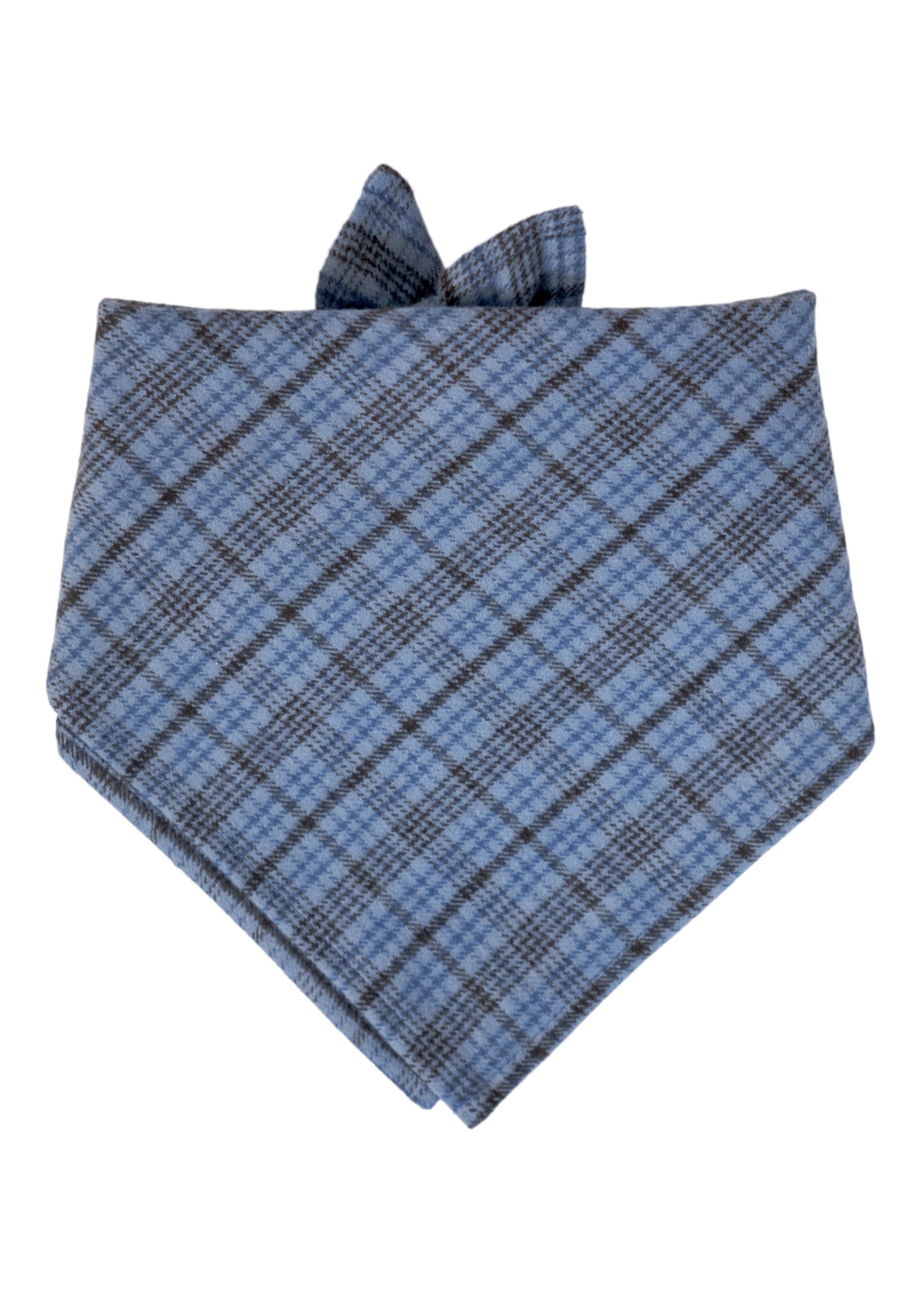 Blue plaid dog bandana with a classic checkered pattern, featuring a tie-on design for secure and adjustable wear. The flannel fabric gives it a cozy and stylish look for dogs.