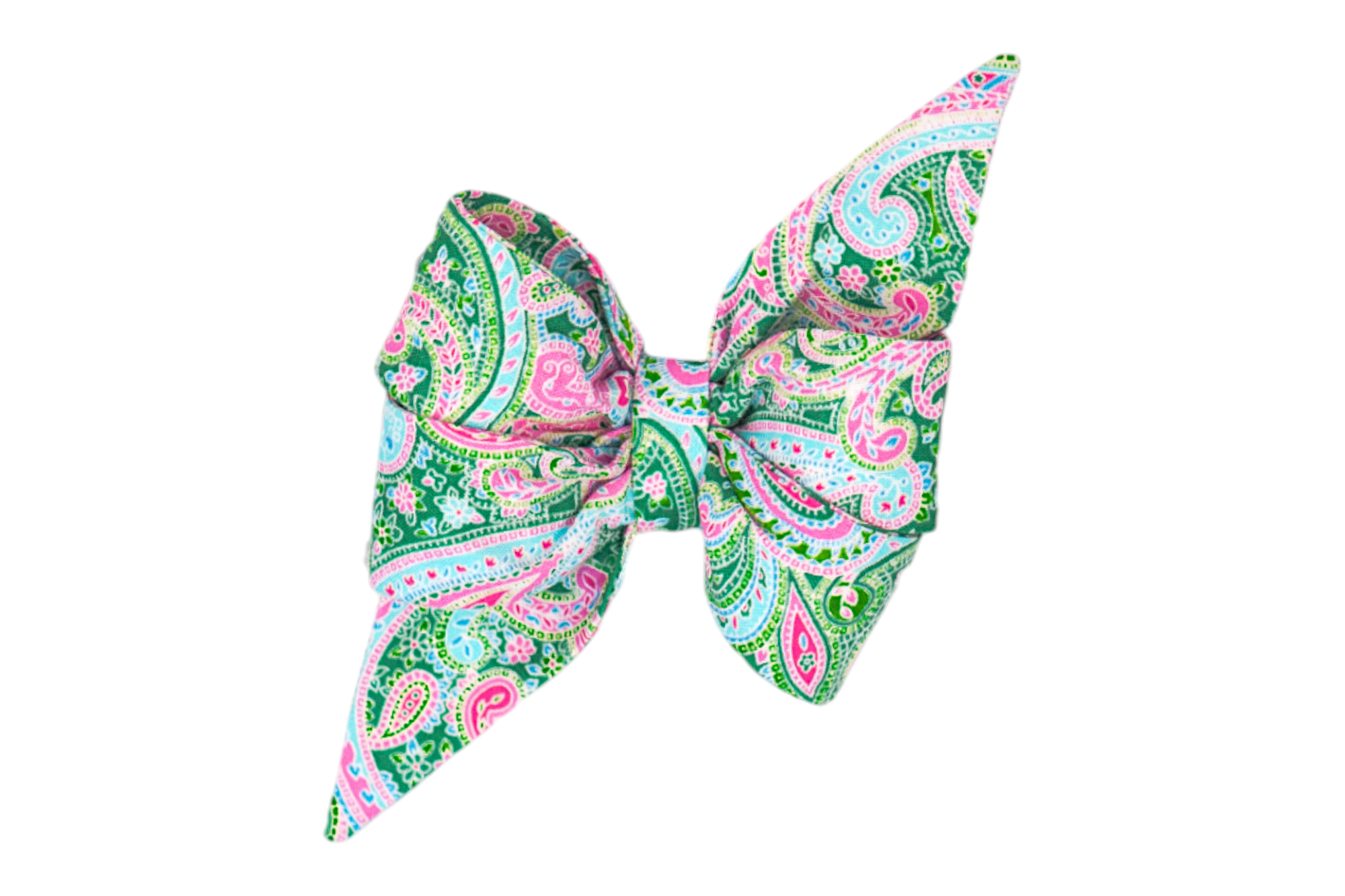 A bold paisley-patterned belle bow in shades of green, pink, and blue, with elegant floral accents. The oversized belle bow is symmetrically pleated and pointed at both ends, giving it a playful yet polished appearance.