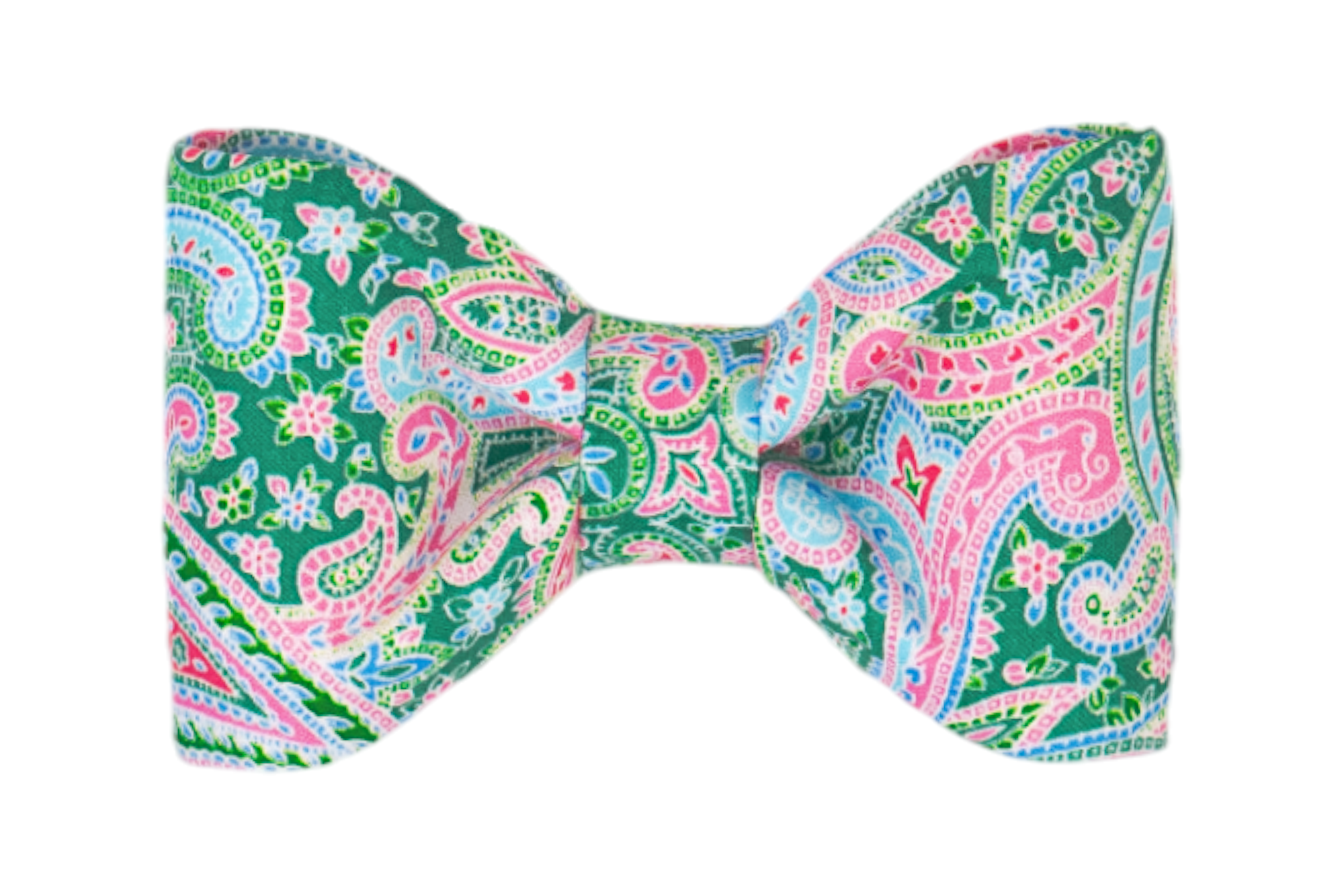 A colorful paisley bow tie with a balanced design, made from fabric printed in shades of blue, pink, and green. The bow tie is gathered at the middle and has softly curved edges, ideal for attaching to a dog collar.